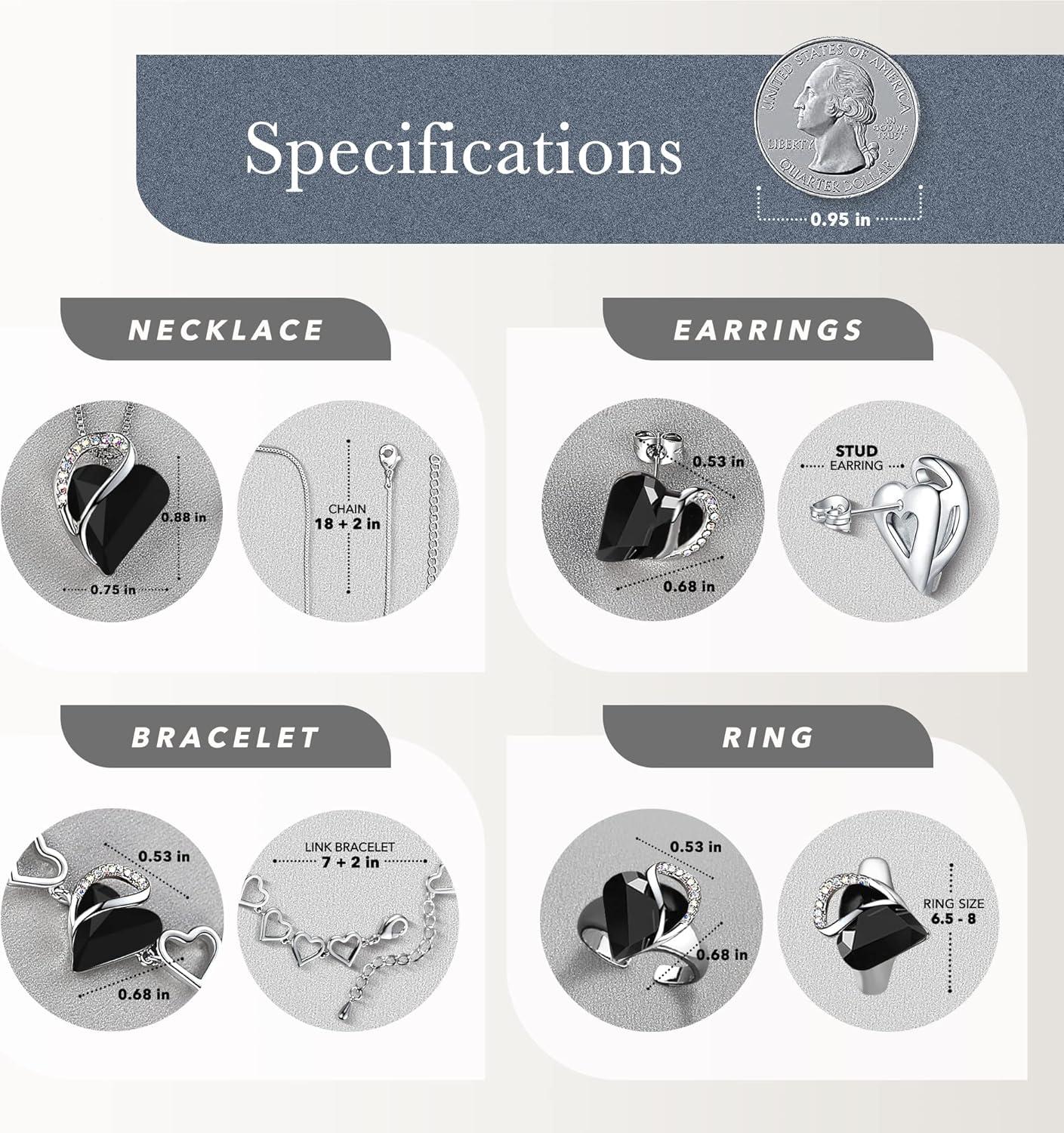 imageLeafael Infinity Love Heart Necklace Stud Earrings Bracelet and Ring Set Healing Stone for Protection Crystal Jewelry Silver Tone Gifts for Women Jet Black
