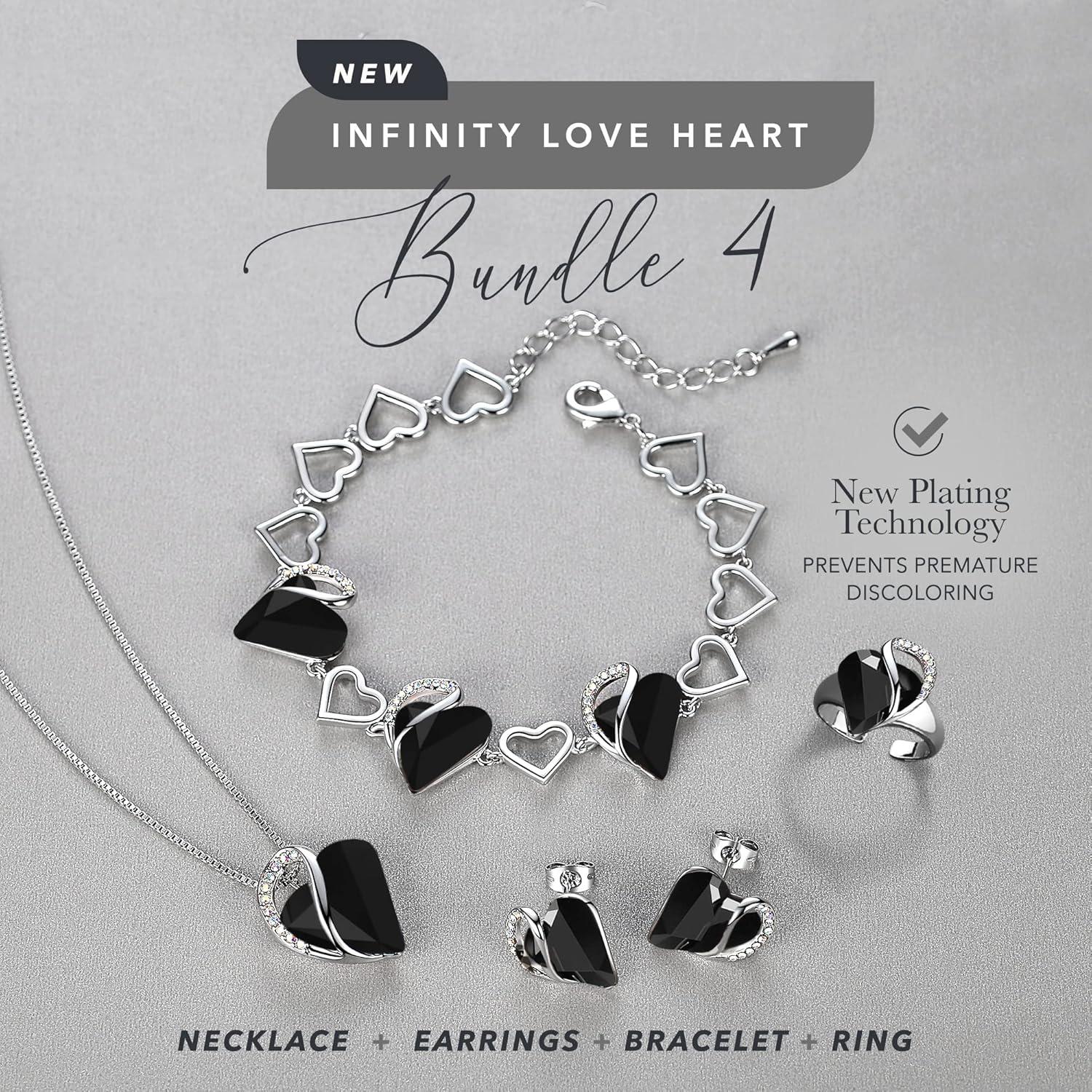 imageLeafael Infinity Love Heart Necklace Stud Earrings Bracelet and Ring Set Healing Stone for Protection Crystal Jewelry Silver Tone Gifts for Women Jet Black