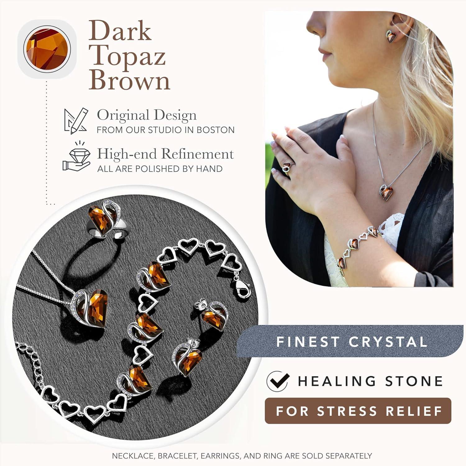 imageLeafael Infinity Love Heart Necklace Stud Earrings Bracelet and Ring Set Healing Stone for Stress Relief Crystal Jewelry Silver Tone Gifts for Women Dark Topaz Brown