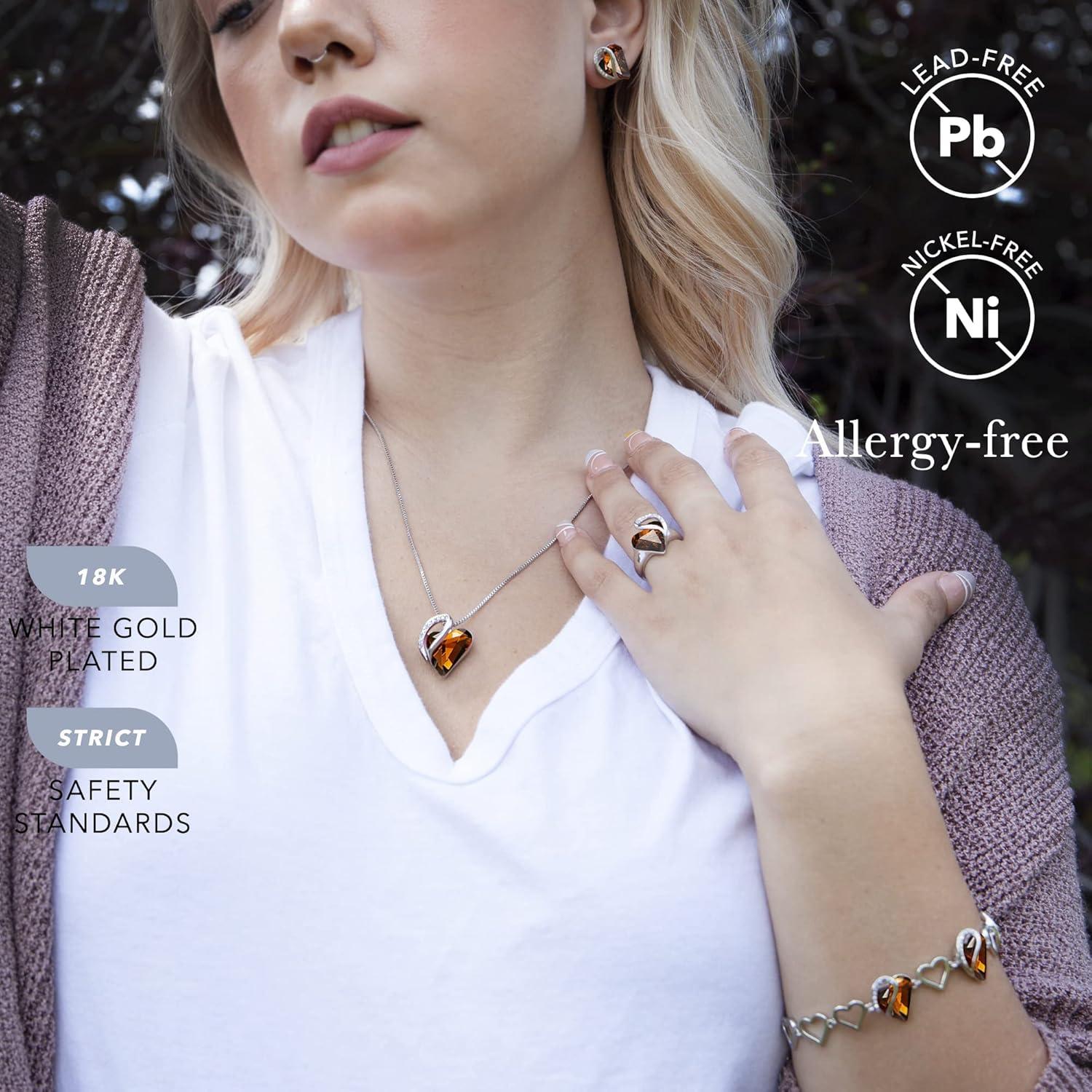 imageLeafael Infinity Love Heart Necklace Stud Earrings Bracelet and Ring Set Healing Stone for Stress Relief Crystal Jewelry Silver Tone Gifts for Women Dark Topaz Brown
