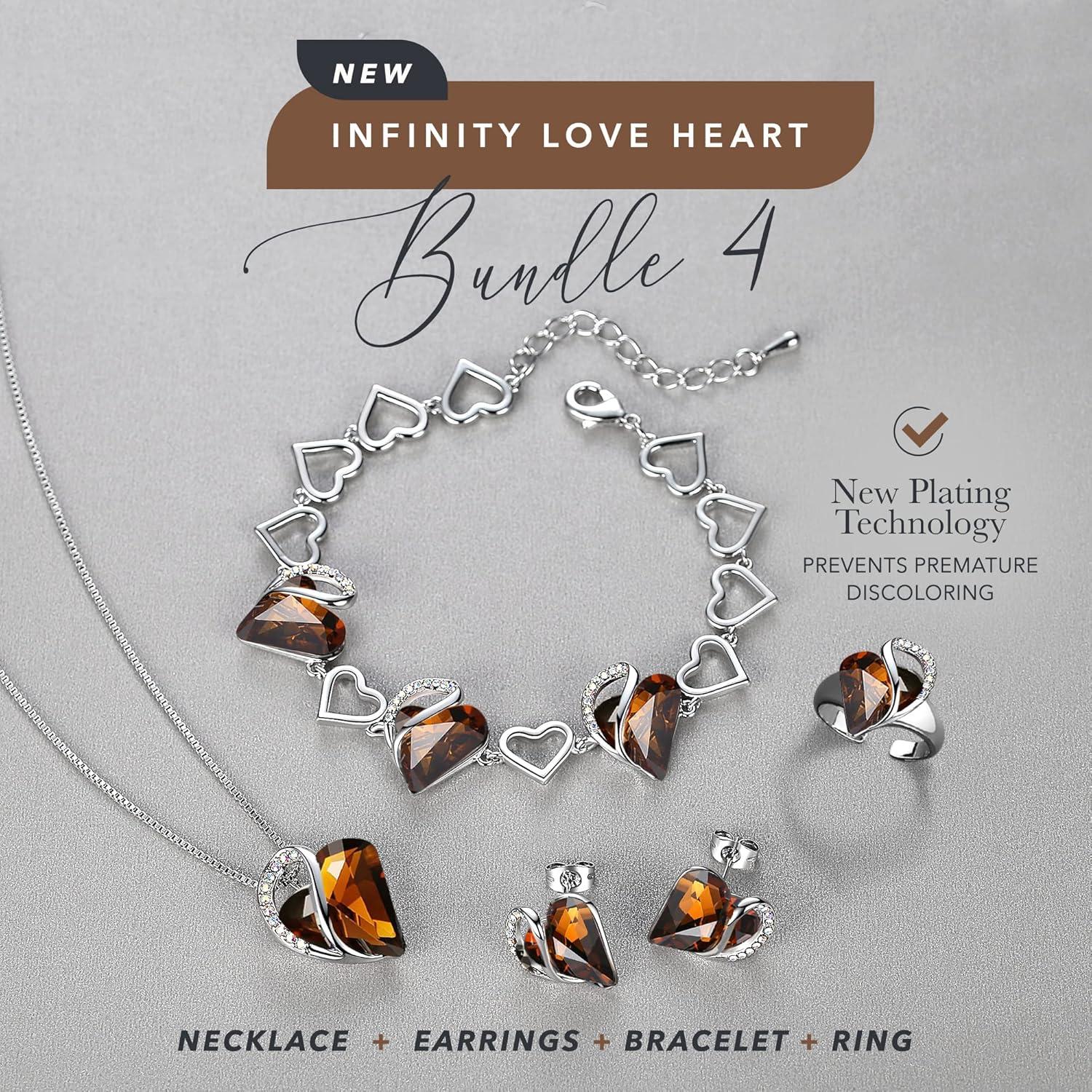 imageLeafael Infinity Love Heart Necklace Stud Earrings Bracelet and Ring Set Healing Stone for Stress Relief Crystal Jewelry Silver Tone Gifts for Women Dark Topaz Brown