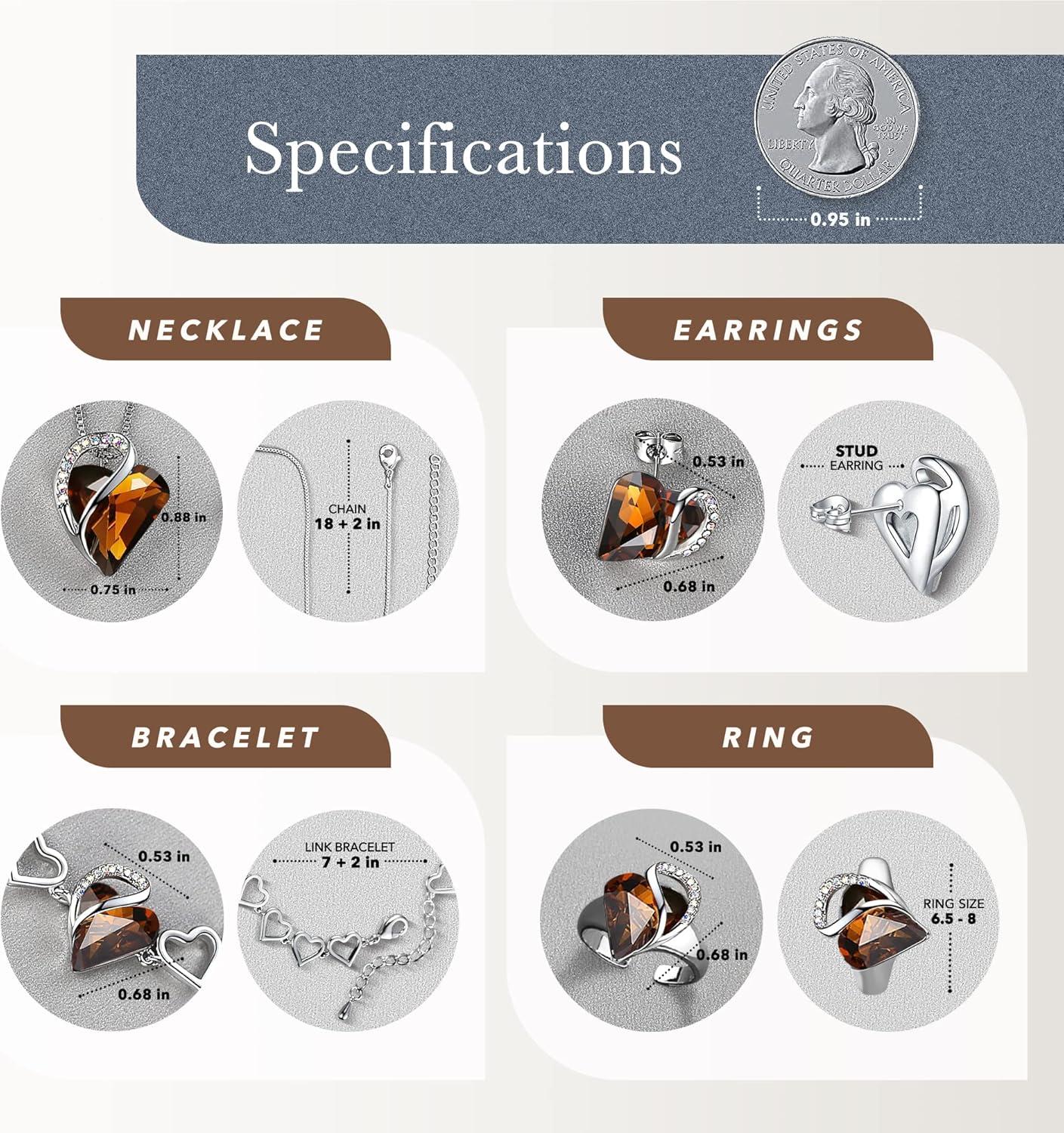 imageLeafael Infinity Love Heart Necklace Stud Earrings Bracelet and Ring Set Healing Stone for Stress Relief Crystal Jewelry Silver Tone Gifts for Women Dark Topaz Brown