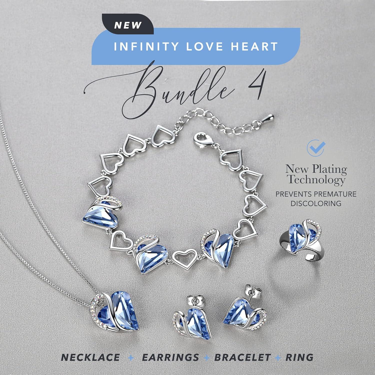 imageLeafael Infinity Love Heart Necklace Stud Earrings Bracelet and Ring Set March Birthstone Crystal Jewelry Silver Tone Gifts for Women Light Sapphire Blue