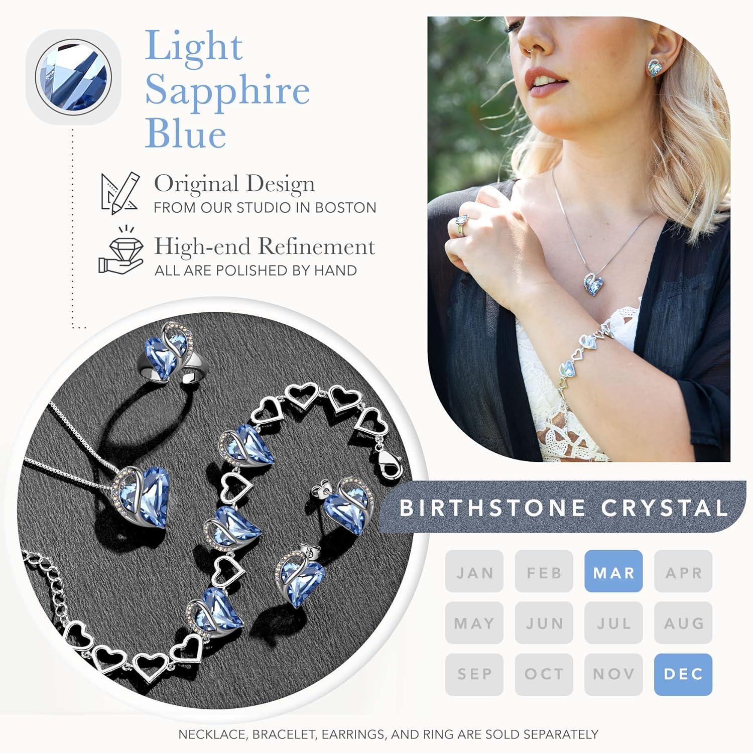 imageLeafael Infinity Love Heart Necklace Stud Earrings Bracelet and Ring Set March Birthstone Crystal Jewelry Silver Tone Gifts for Women Light Sapphire Blue