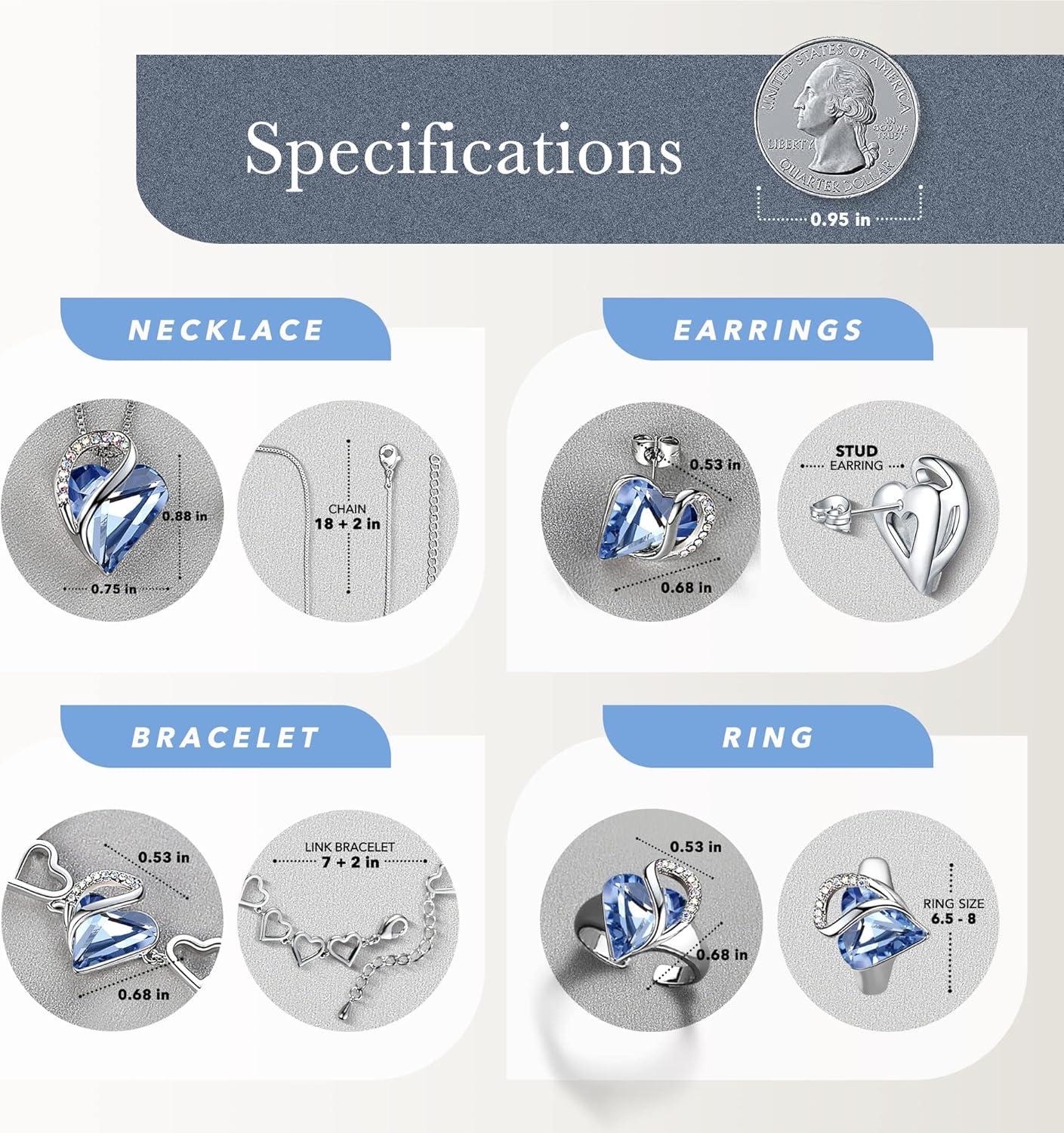 imageLeafael Infinity Love Heart Necklace Stud Earrings Bracelet and Ring Set March Birthstone Crystal Jewelry Silver Tone Gifts for Women Light Sapphire Blue