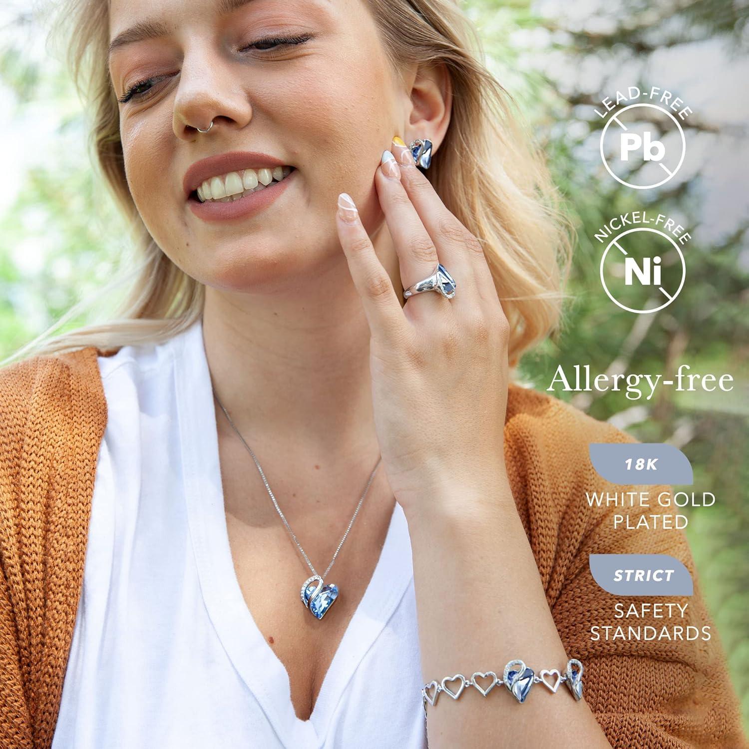 imageLeafael Infinity Love Heart Necklace Stud Earrings Bracelet and Ring Set March Birthstone Crystal Jewelry Silver Tone Gifts for Women Light Sapphire Blue