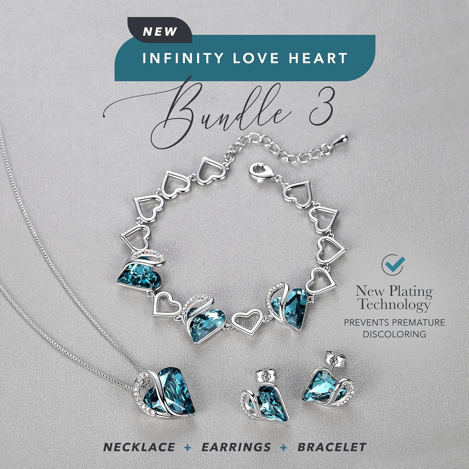 imageLeafael Infinity Love Heart Necklace Stud Earrings and Bracelet for Women December Birthstone Crystal Jewelry Silver Tone Gifts for Women Indicolite Zircon Blue