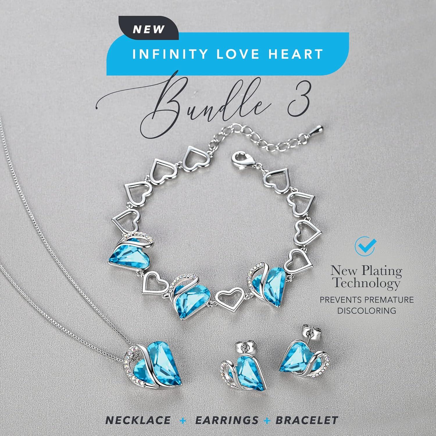 imageLeafael Infinity Love Heart Necklace Stud Earrings and Bracelet for Women December Birthstone Crystal Jewelry Silver Tone Gifts for Women Turquoise Aquamarine Blue