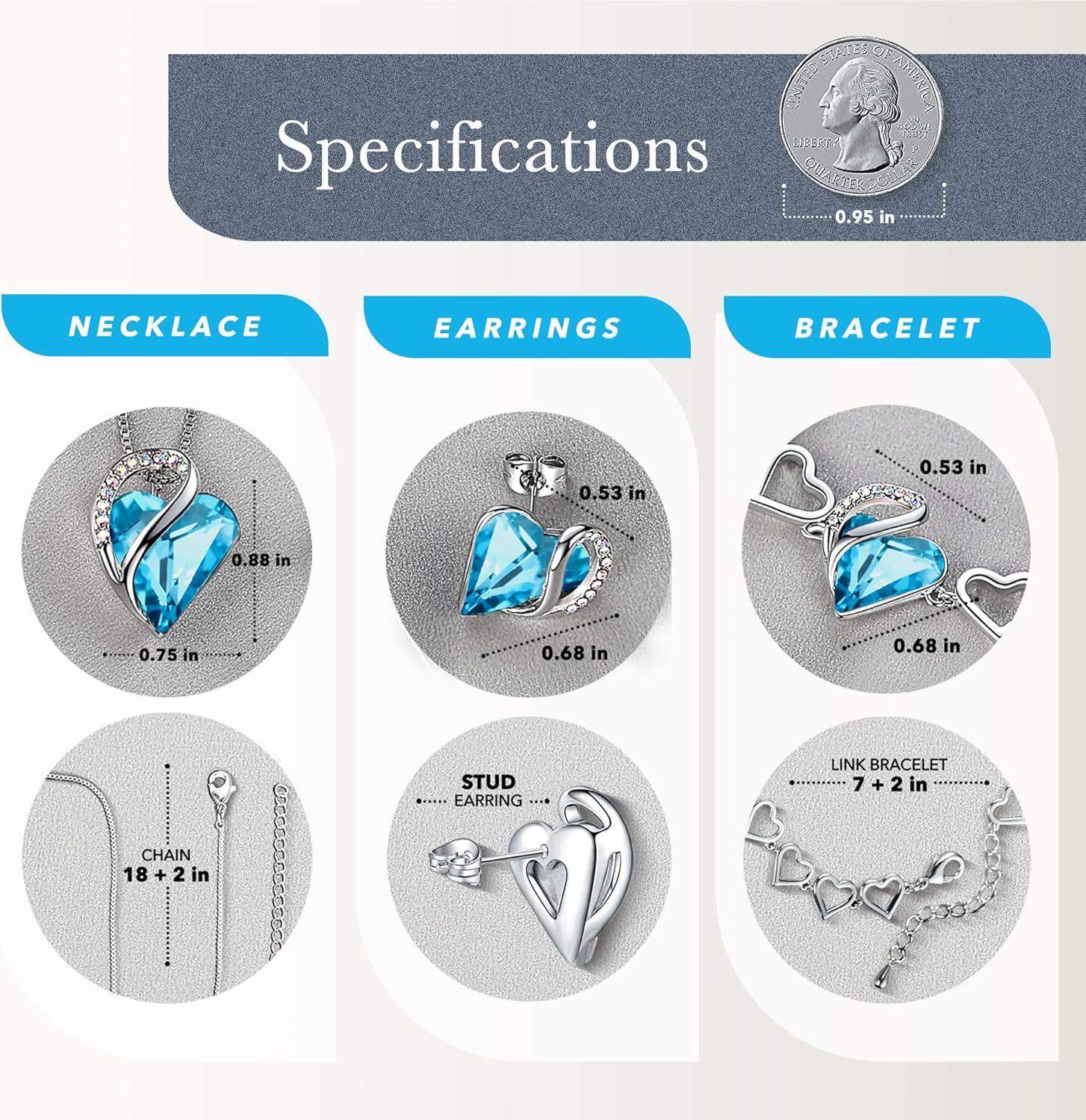 imageLeafael Infinity Love Heart Necklace Stud Earrings and Bracelet for Women December Birthstone Crystal Jewelry Silver Tone Gifts for Women Turquoise Aquamarine Blue