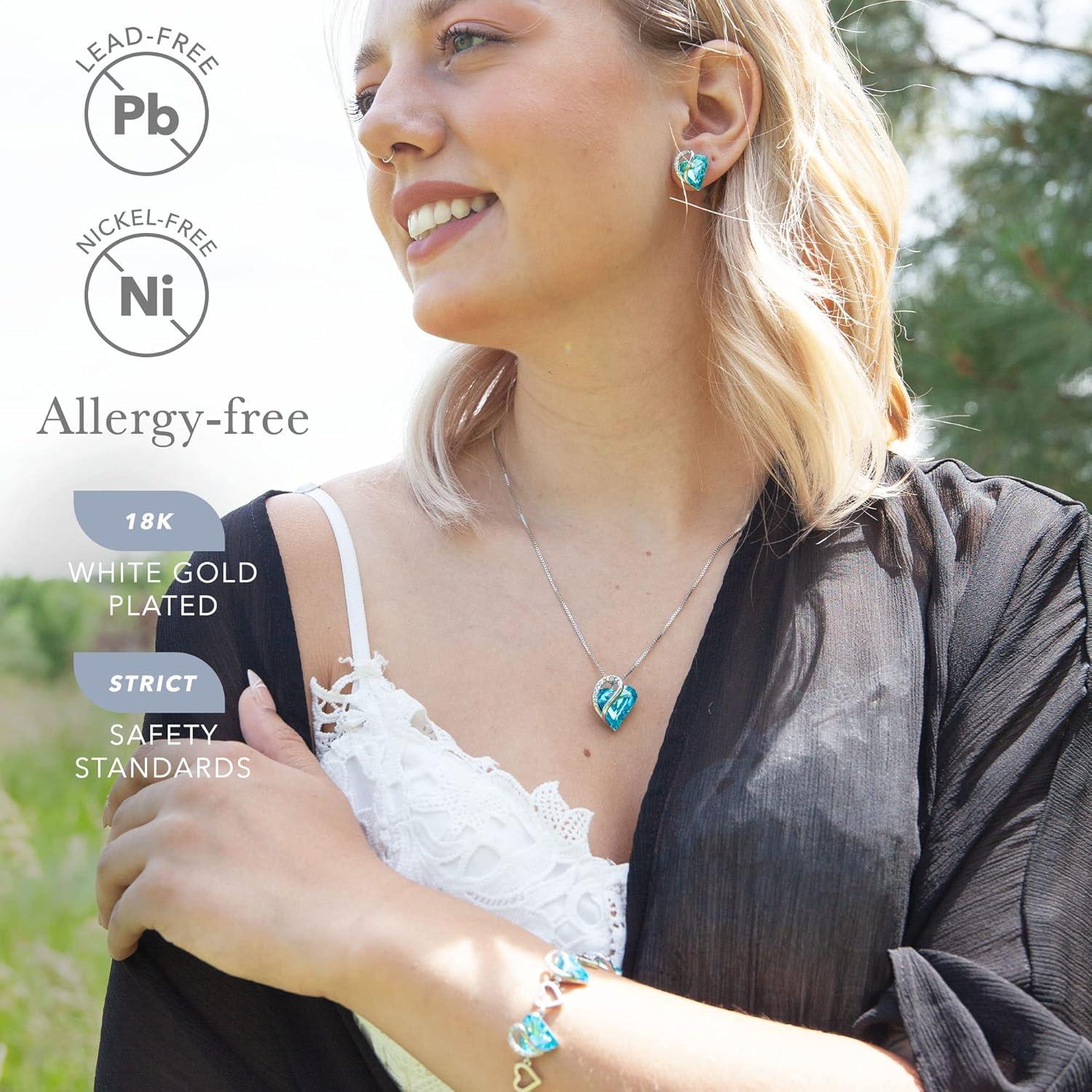imageLeafael Infinity Love Heart Necklace Stud Earrings and Bracelet for Women December Birthstone Crystal Jewelry Silver Tone Gifts for Women Turquoise Aquamarine Blue