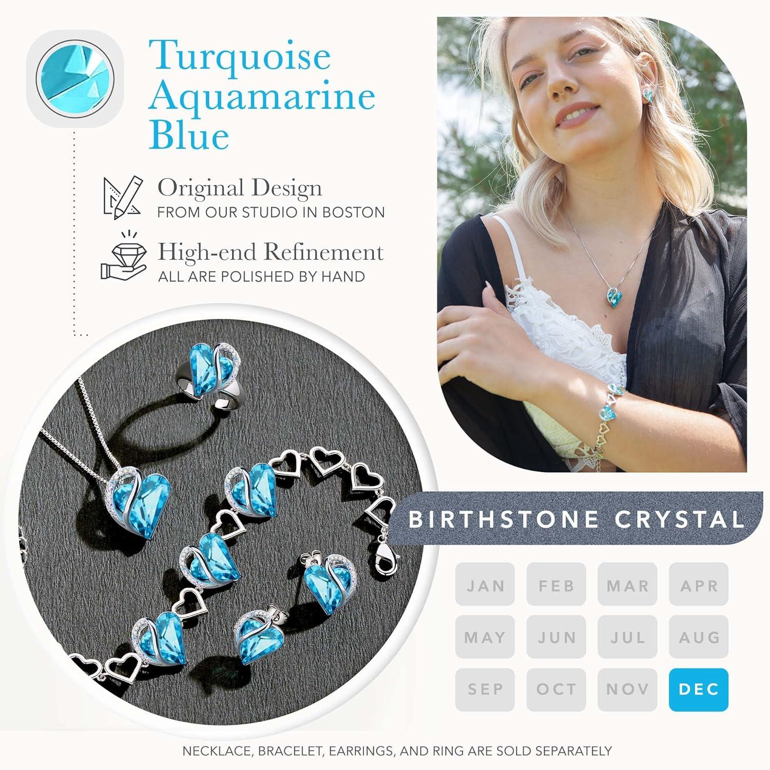 imageLeafael Infinity Love Heart Necklace Stud Earrings and Bracelet for Women December Birthstone Crystal Jewelry Silver Tone Gifts for Women Turquoise Aquamarine Blue