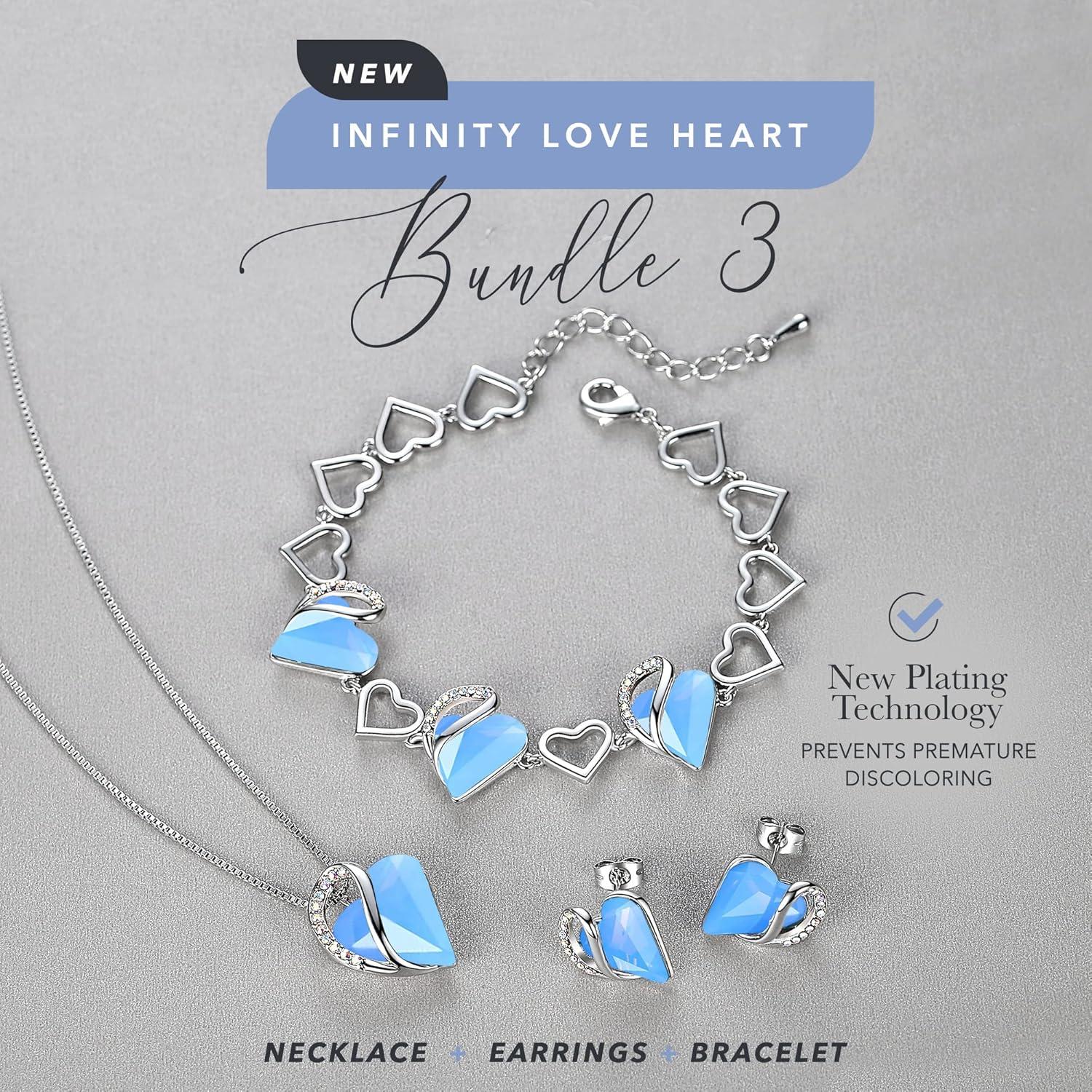 imageLeafael Infinity Love Heart Necklace Stud Earrings and Bracelet for Women Healing Stone for Communication Crystal Jewelry Silver Tone Gifts for Women Owyhee Opal Blue
