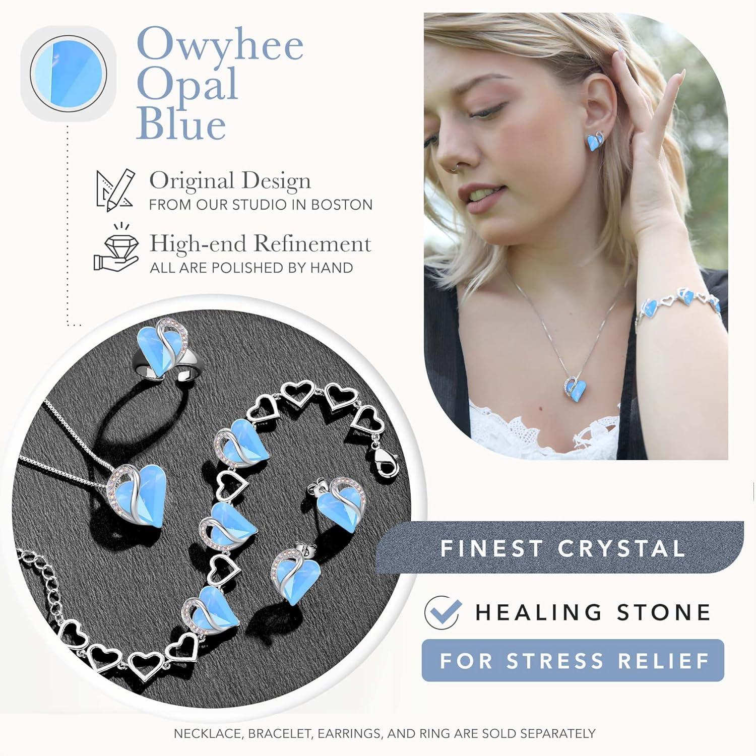 imageLeafael Infinity Love Heart Necklace Stud Earrings and Bracelet for Women Healing Stone for Communication Crystal Jewelry Silver Tone Gifts for Women Owyhee Opal Blue