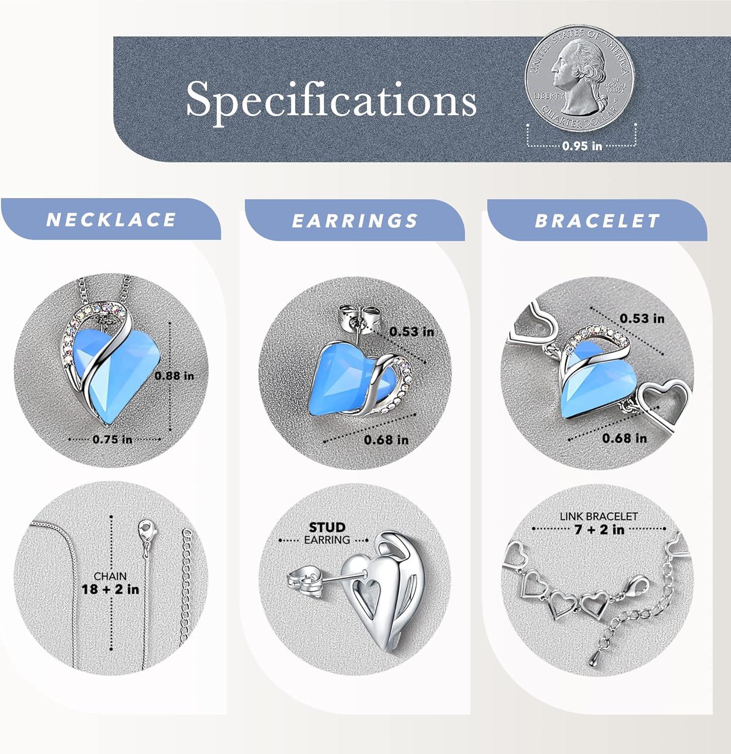 imageLeafael Infinity Love Heart Necklace Stud Earrings and Bracelet for Women Healing Stone for Communication Crystal Jewelry Silver Tone Gifts for Women Owyhee Opal Blue