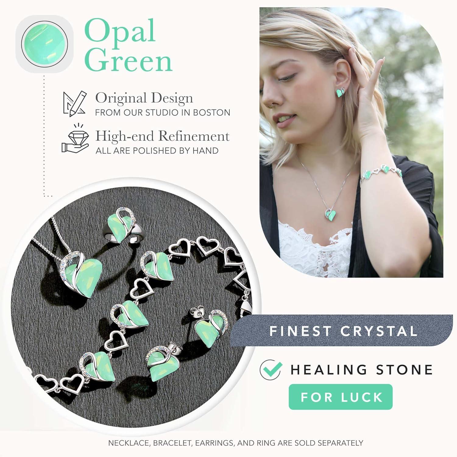 imageLeafael Infinity Love Heart Necklace Stud Earrings and Bracelet for Women Healing Stone for Luck Crystal Jewelry Silver Tone Gifts for Women Opal Green