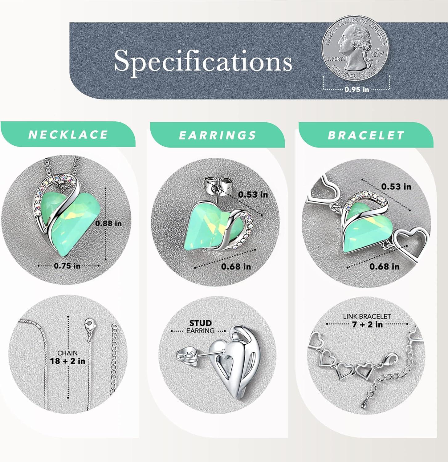 imageLeafael Infinity Love Heart Necklace Stud Earrings and Bracelet for Women Healing Stone for Luck Crystal Jewelry Silver Tone Gifts for Women Opal Green