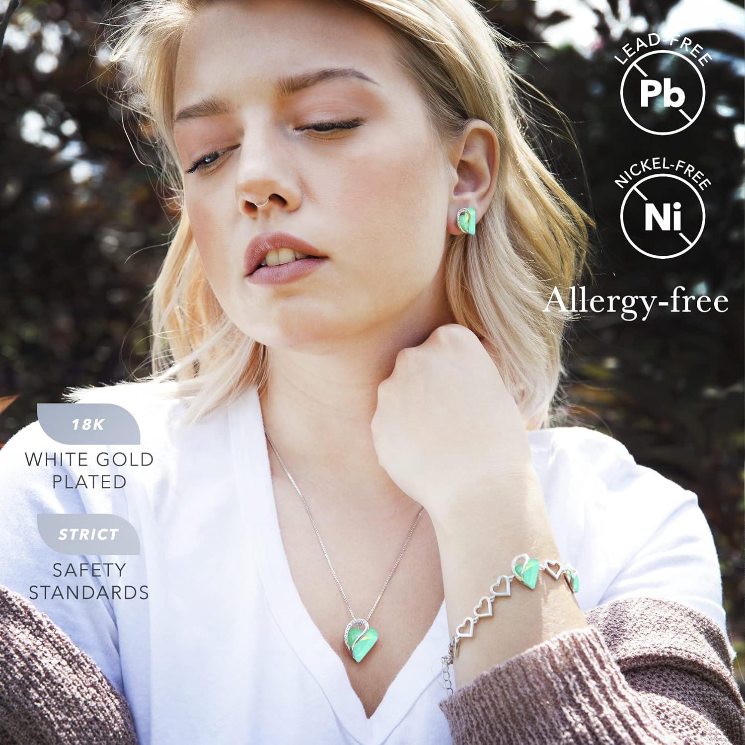 imageLeafael Infinity Love Heart Necklace Stud Earrings and Bracelet for Women Healing Stone for Luck Crystal Jewelry Silver Tone Gifts for Women Opal Green