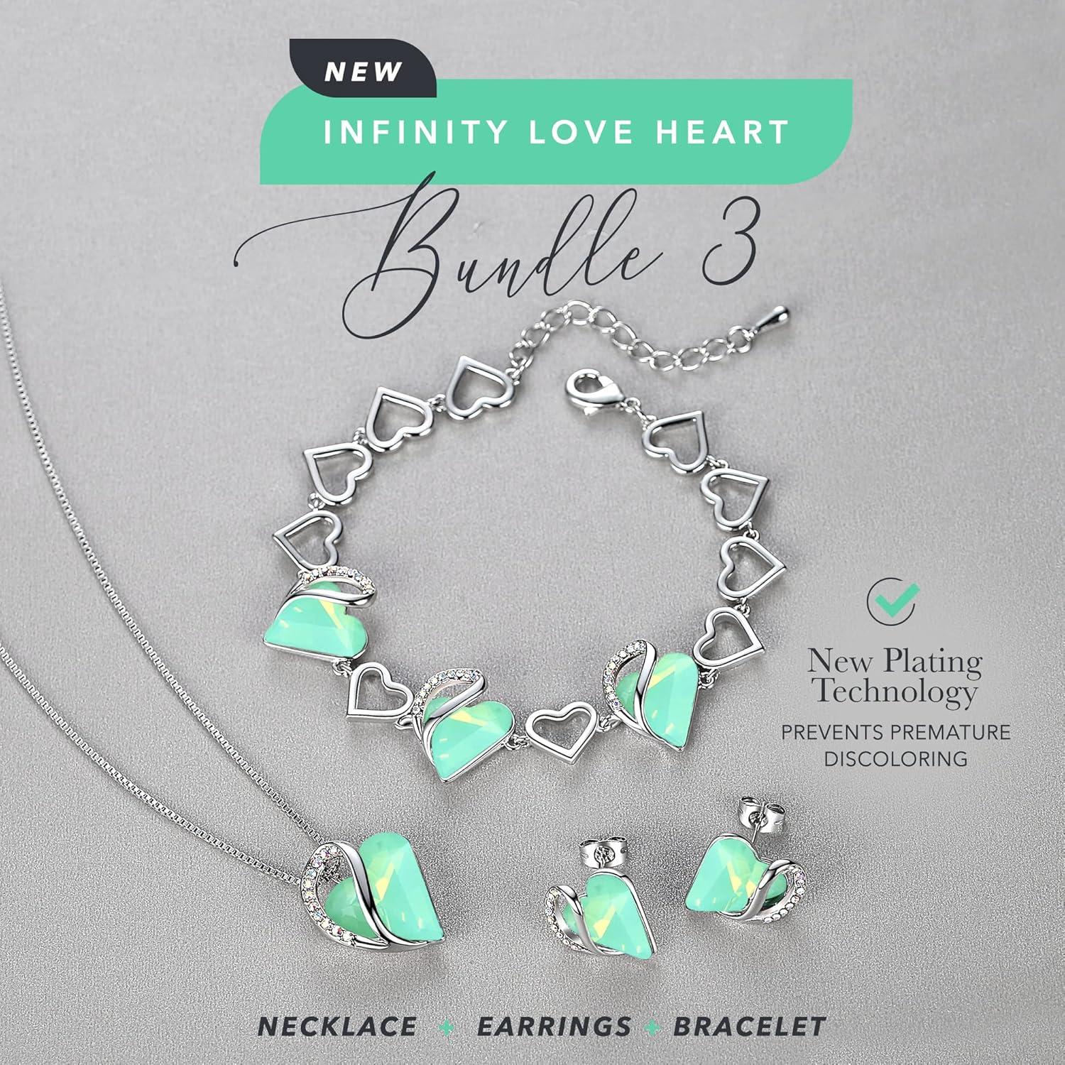 imageLeafael Infinity Love Heart Necklace Stud Earrings and Bracelet for Women Healing Stone for Luck Crystal Jewelry Silver Tone Gifts for Women Opal Green