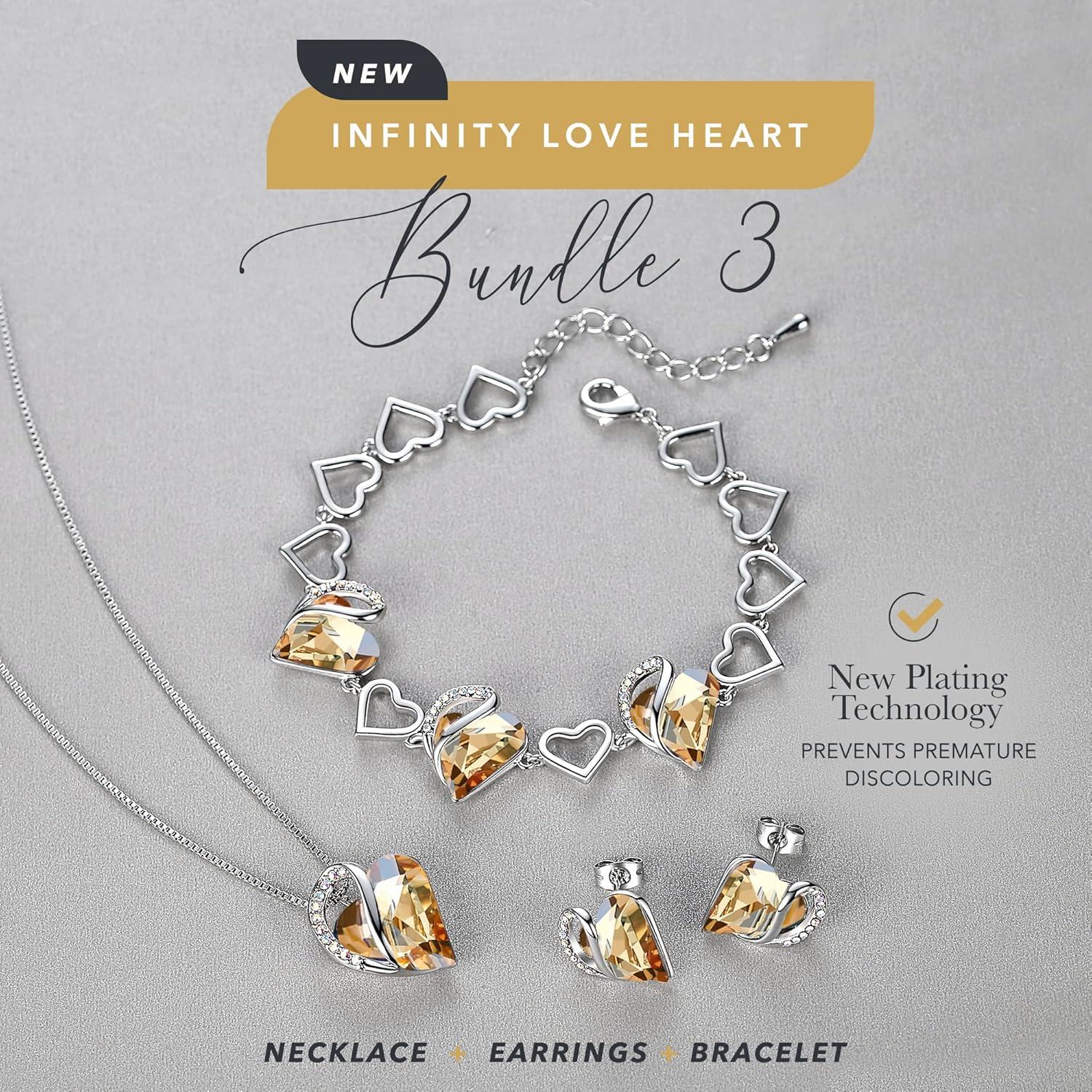 imageLeafael Infinity Love Heart Necklace Stud Earrings and Bracelet for Women Healing Stone for Power Crystal Jewelry Silver Tone Gifts for Women Golden Yellow Shade