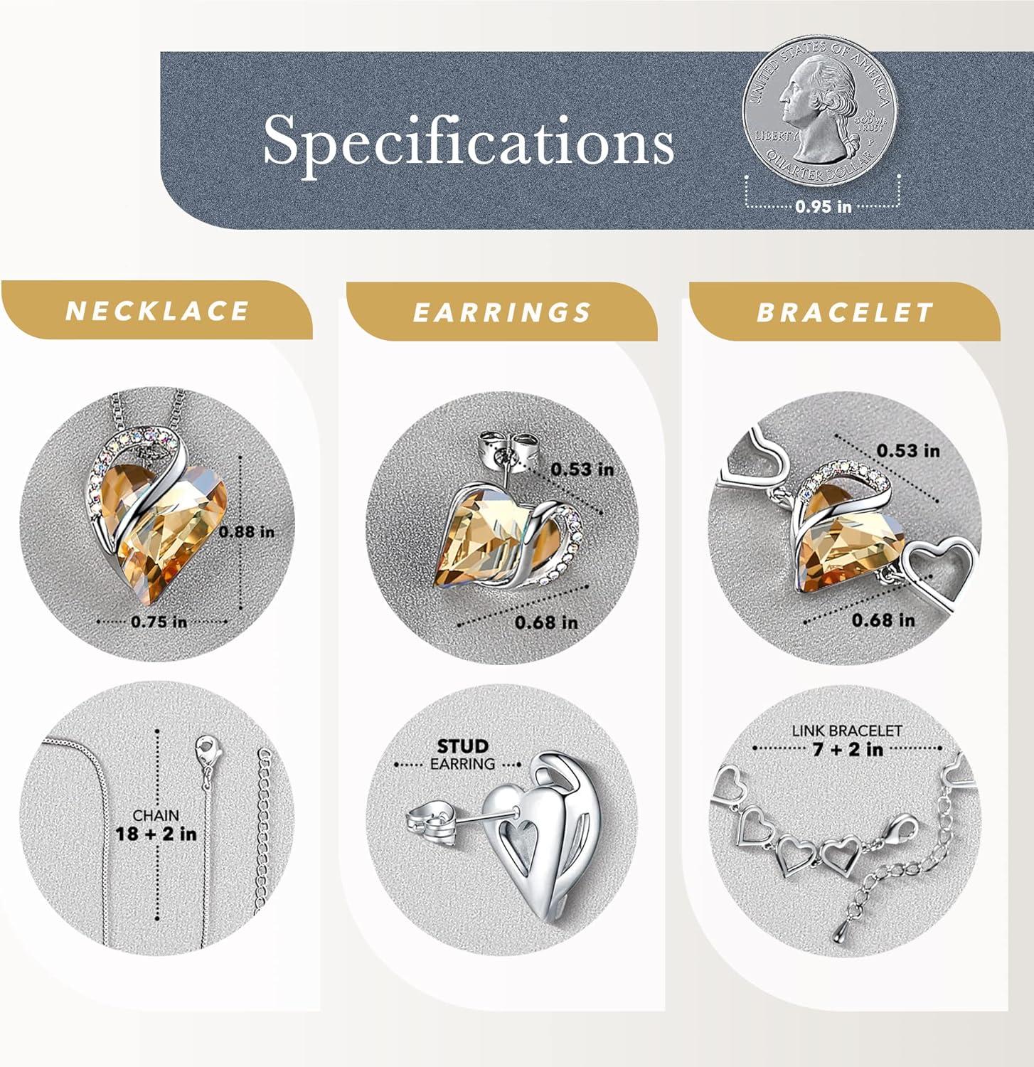 imageLeafael Infinity Love Heart Necklace Stud Earrings and Bracelet for Women Healing Stone for Power Crystal Jewelry Silver Tone Gifts for Women Golden Yellow Shade