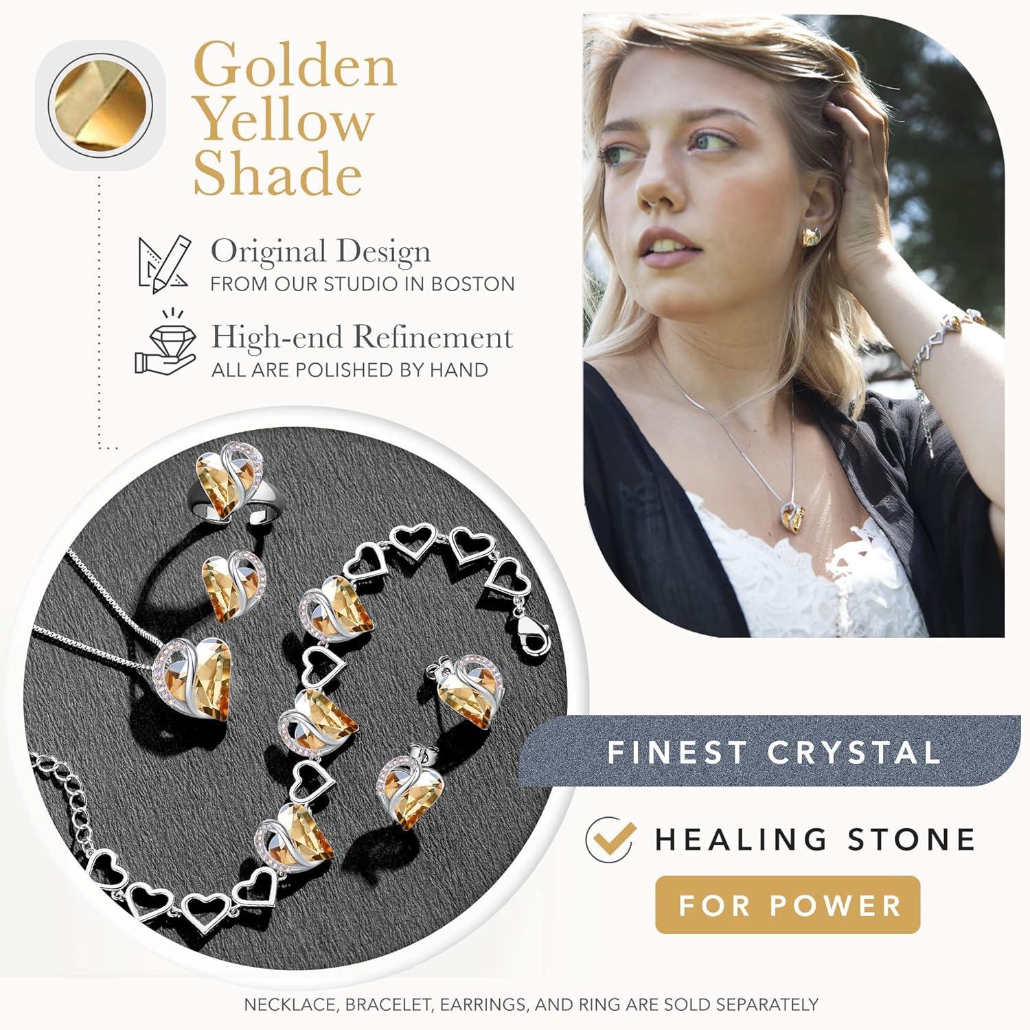 imageLeafael Infinity Love Heart Necklace Stud Earrings and Bracelet for Women Healing Stone for Power Crystal Jewelry Silver Tone Gifts for Women Golden Yellow Shade