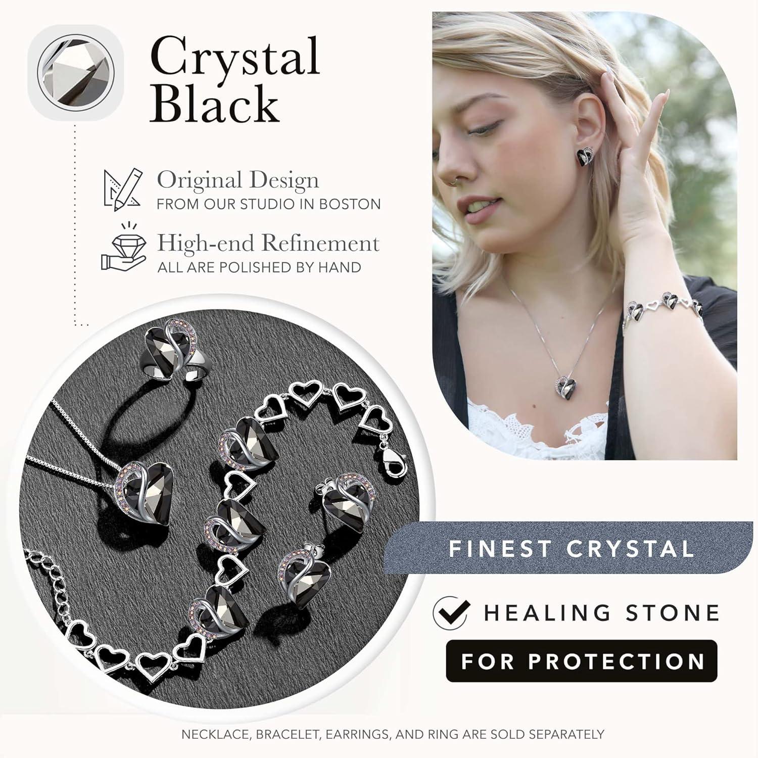 imageLeafael Infinity Love Heart Necklace Stud Earrings and Bracelet for Women Healing Stone for Protection Crystal Jewelry Silver Tone Bundle Gifts for Women Crystal Black