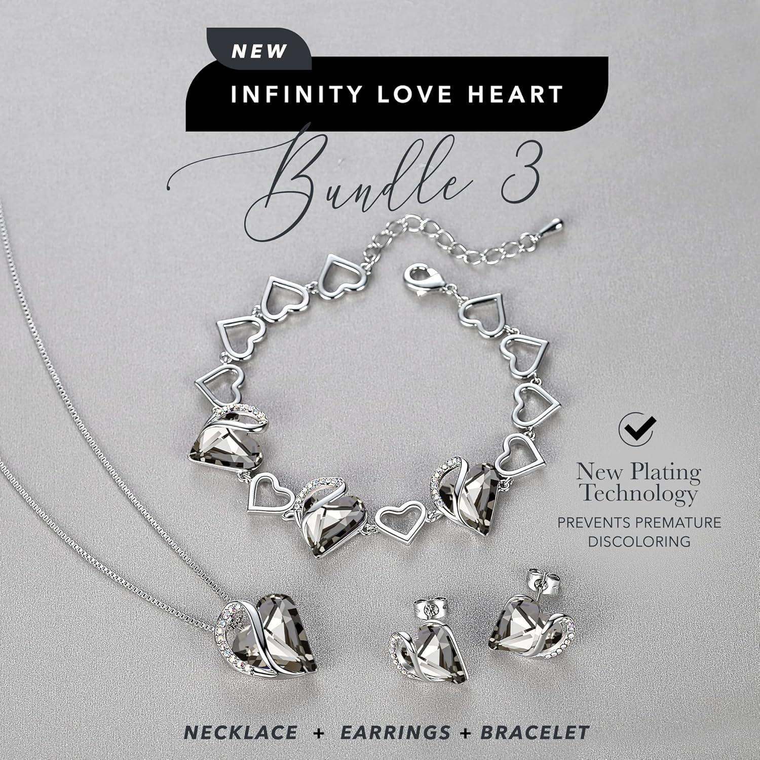 imageLeafael Infinity Love Heart Necklace Stud Earrings and Bracelet for Women Healing Stone for Protection Crystal Jewelry Silver Tone Bundle Gifts for Women Crystal Black
