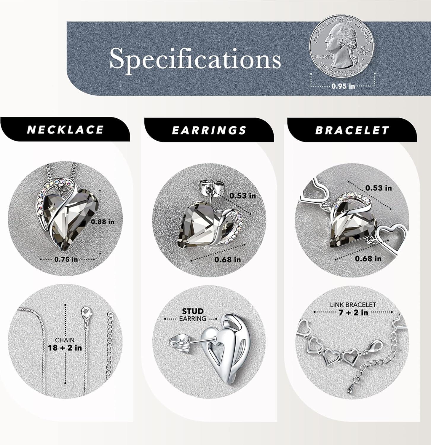 imageLeafael Infinity Love Heart Necklace Stud Earrings and Bracelet for Women Healing Stone for Protection Crystal Jewelry Silver Tone Bundle Gifts for Women Crystal Black