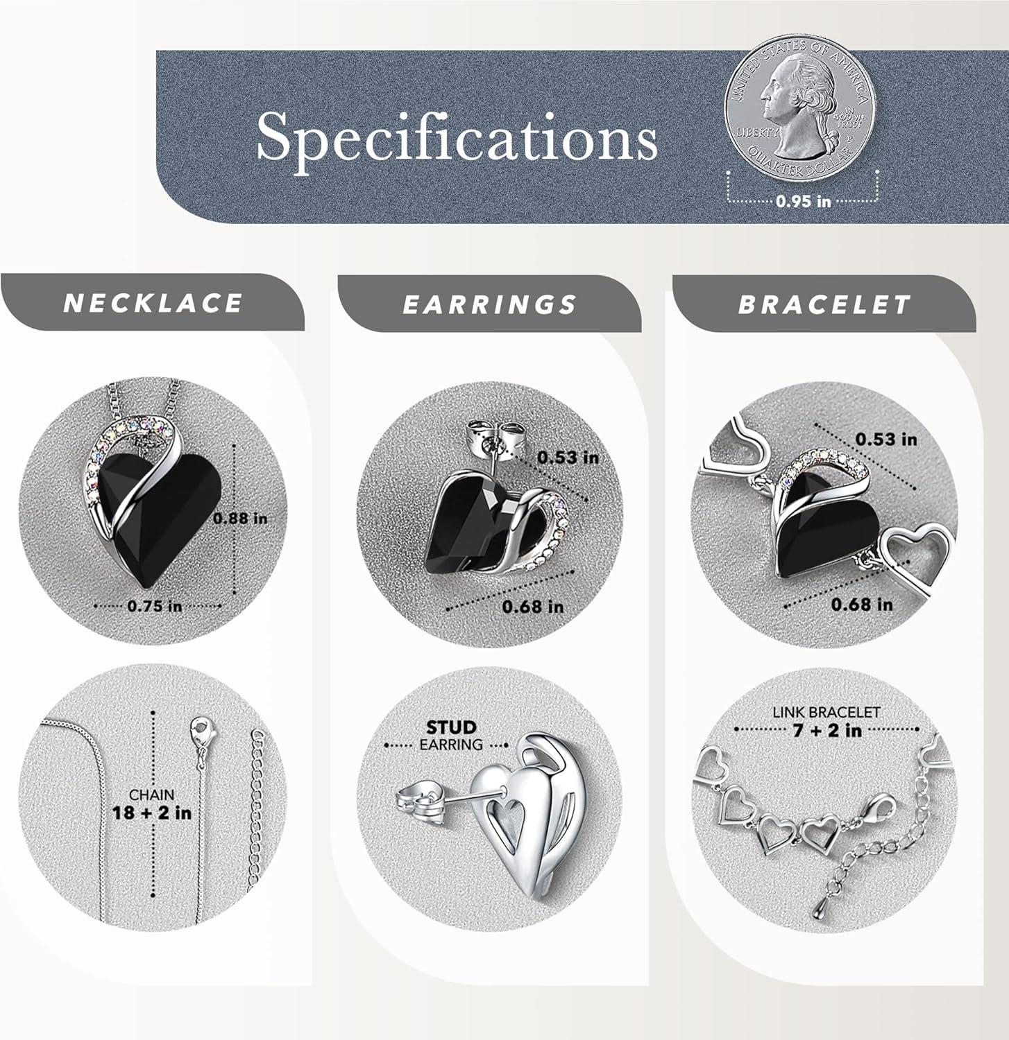 imageLeafael Infinity Love Heart Necklace Stud Earrings and Bracelet for Women Healing Stone for Protection Crystal Jewelry Silver Tone Gifts for Women Jet Black