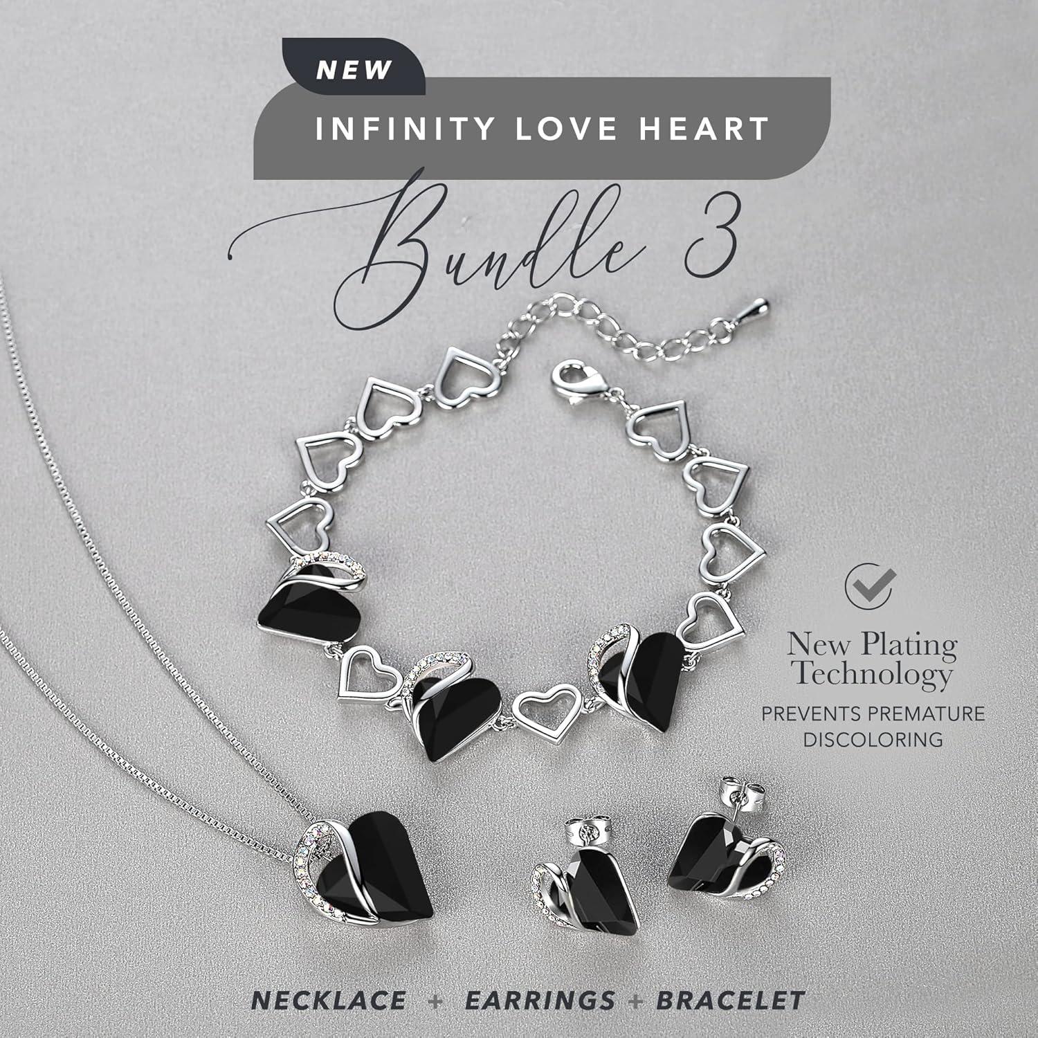 imageLeafael Infinity Love Heart Necklace Stud Earrings and Bracelet for Women Healing Stone for Protection Crystal Jewelry Silver Tone Gifts for Women Jet Black