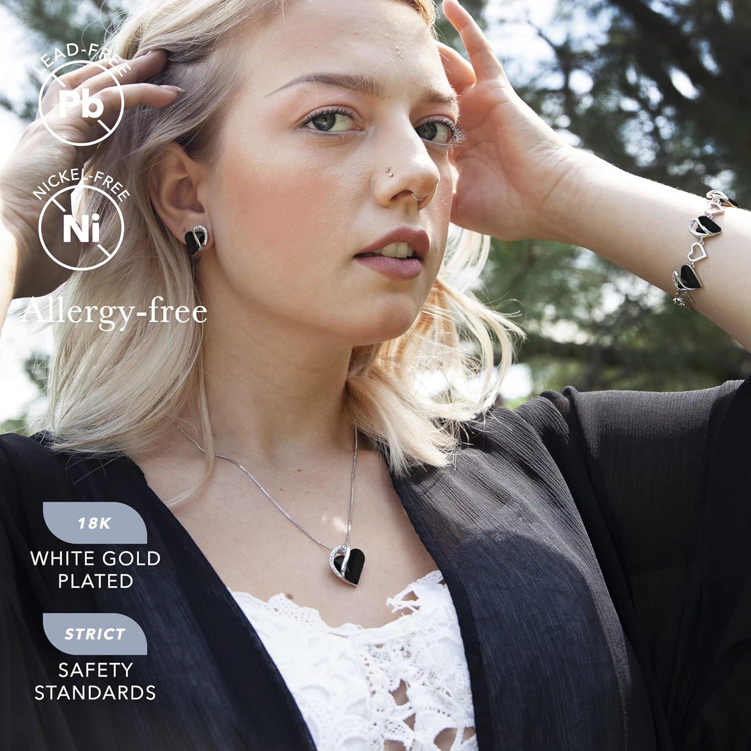 imageLeafael Infinity Love Heart Necklace Stud Earrings and Bracelet for Women Healing Stone for Protection Crystal Jewelry Silver Tone Gifts for Women Jet Black