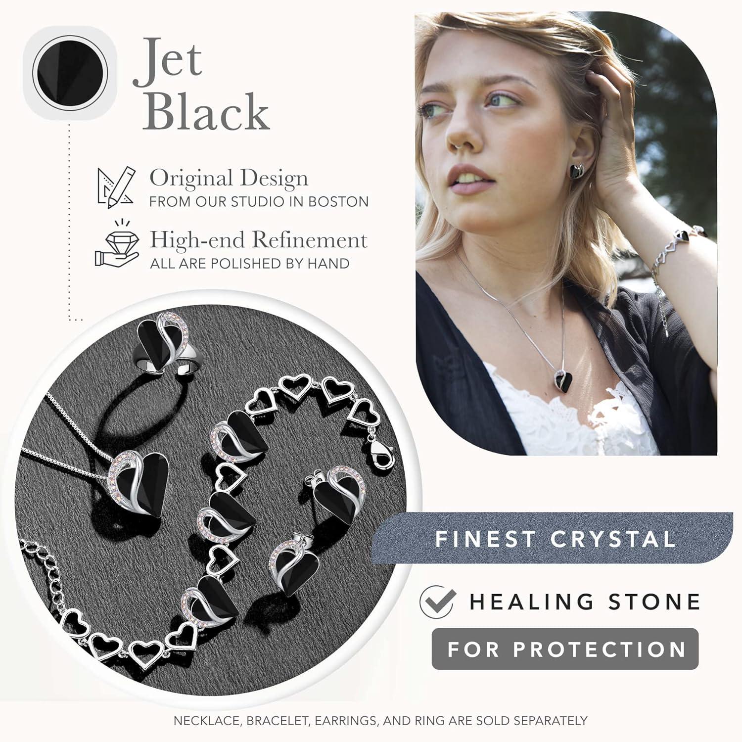 imageLeafael Infinity Love Heart Necklace Stud Earrings and Bracelet for Women Healing Stone for Protection Crystal Jewelry Silver Tone Gifts for Women Jet Black