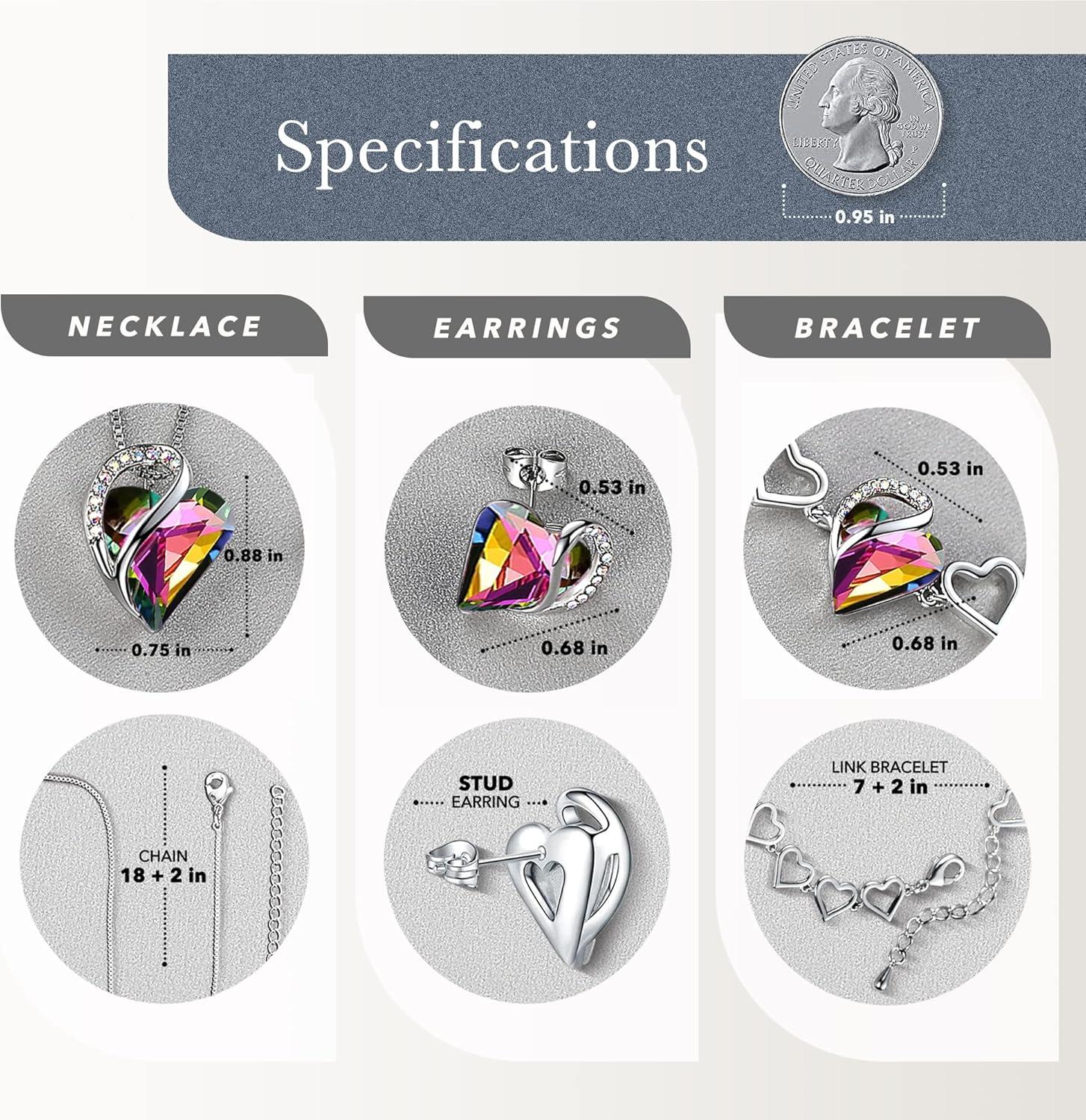 imageLeafael Infinity Love Heart Necklace Stud Earrings and Bracelet for Women Healing Stone for Protection Crystal Jewelry Silver Tone Gifts for Women Rainbow Black