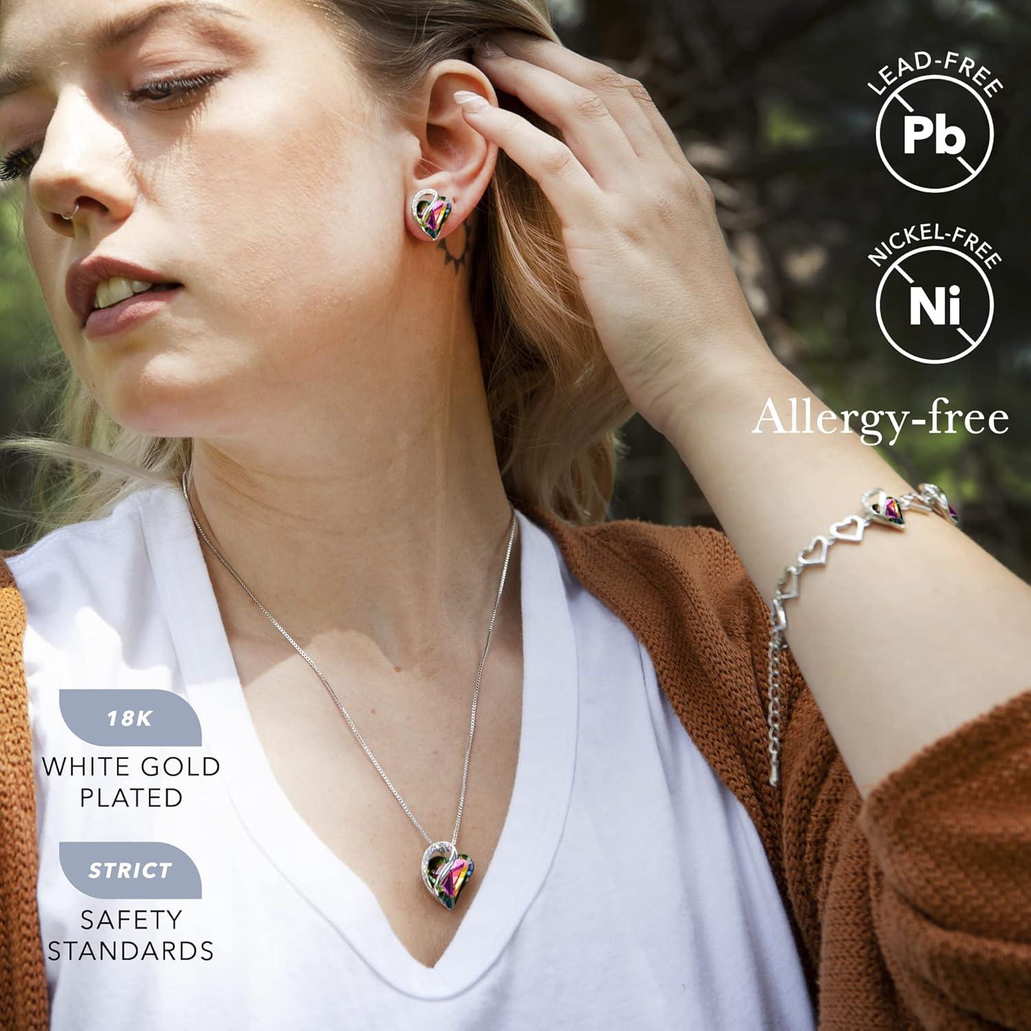 imageLeafael Infinity Love Heart Necklace Stud Earrings and Bracelet for Women Healing Stone for Protection Crystal Jewelry Silver Tone Gifts for Women Rainbow Black
