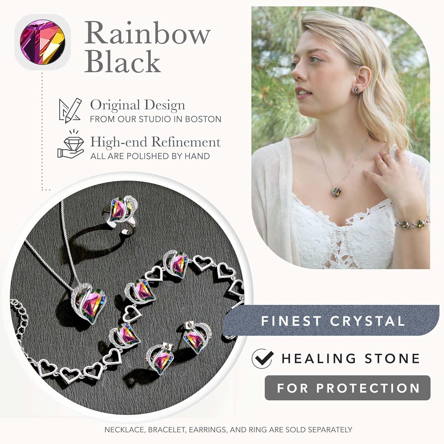 imageLeafael Infinity Love Heart Necklace Stud Earrings and Bracelet for Women Healing Stone for Protection Crystal Jewelry Silver Tone Gifts for Women Rainbow Black