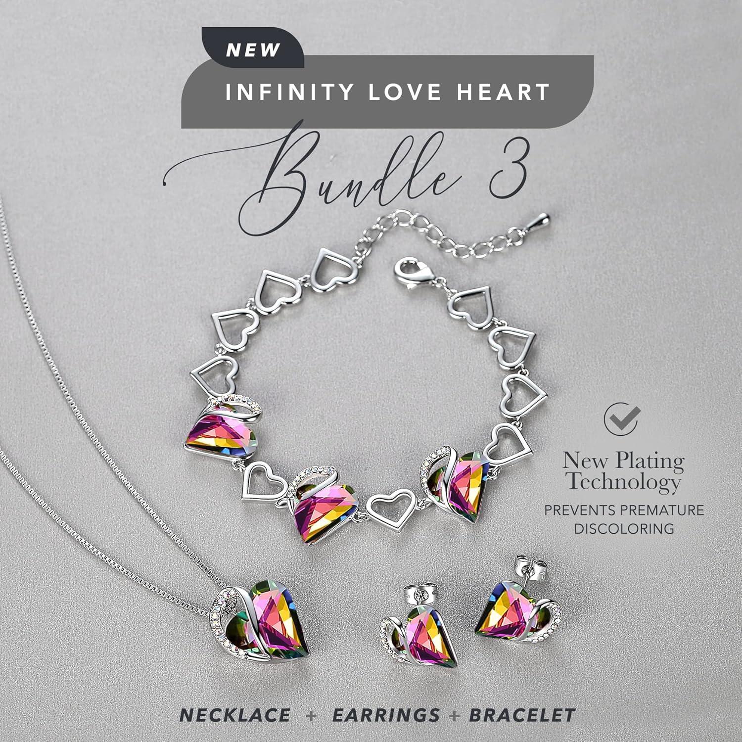 imageLeafael Infinity Love Heart Necklace Stud Earrings and Bracelet for Women Healing Stone for Protection Crystal Jewelry Silver Tone Gifts for Women Rainbow Black