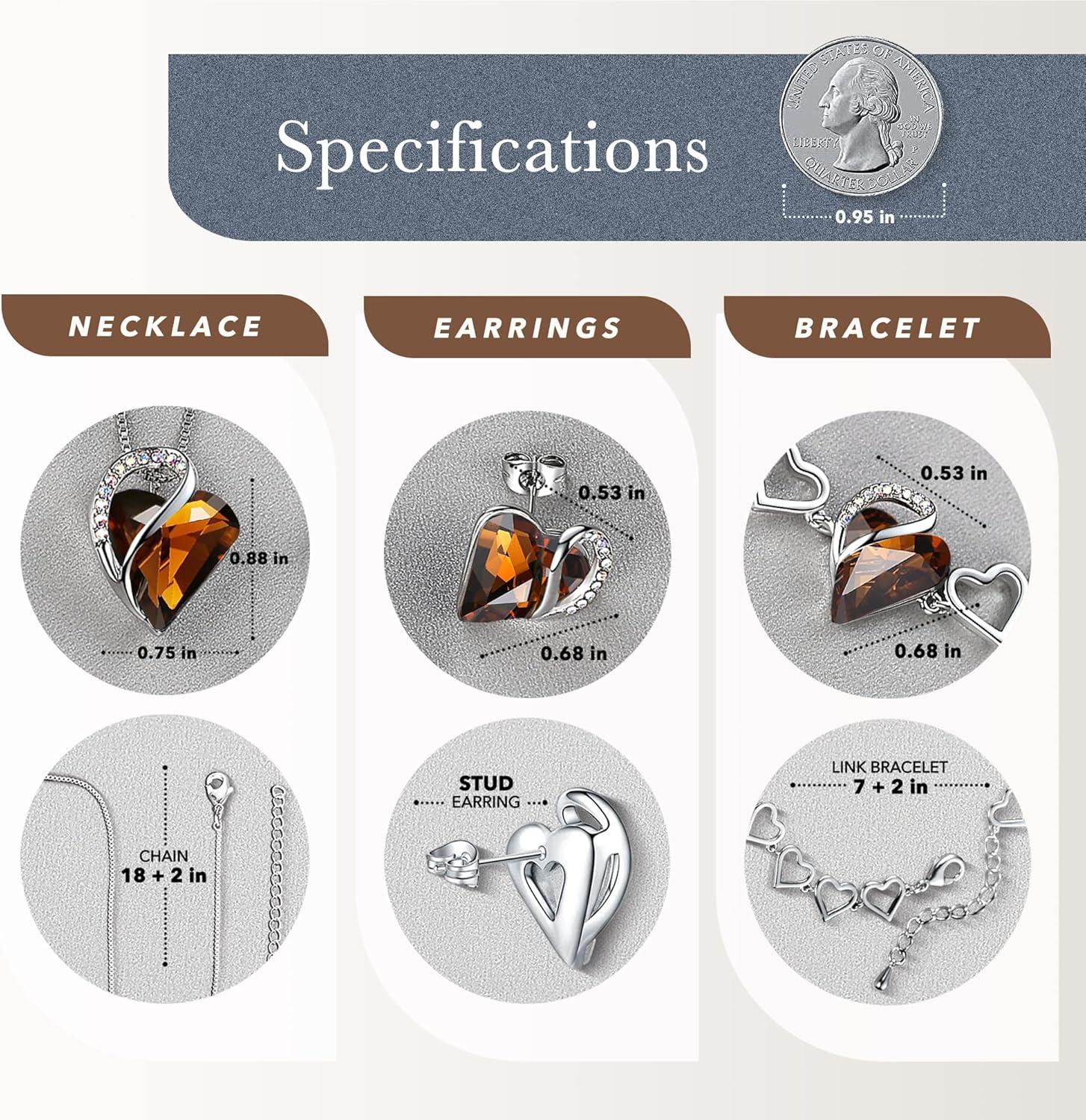 imageLeafael Infinity Love Heart Necklace Stud Earrings and Bracelet for Women Healing Stone for Stress Relief Crystal Jewelry Silver Tone Gifts for Women Dark Topaz Brown