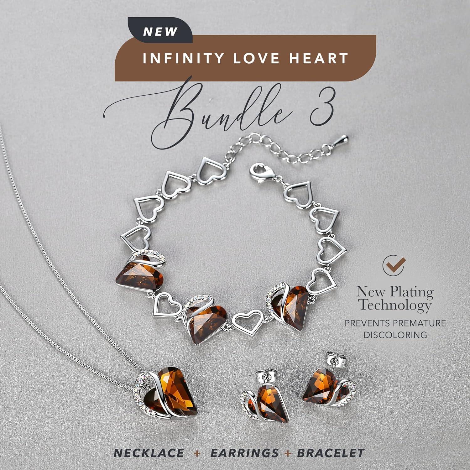 imageLeafael Infinity Love Heart Necklace Stud Earrings and Bracelet for Women Healing Stone for Stress Relief Crystal Jewelry Silver Tone Gifts for Women Dark Topaz Brown