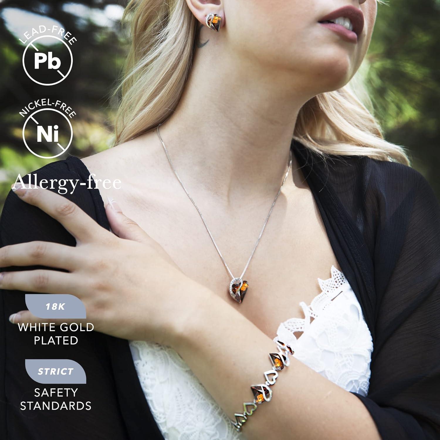 imageLeafael Infinity Love Heart Necklace Stud Earrings and Bracelet for Women Healing Stone for Stress Relief Crystal Jewelry Silver Tone Gifts for Women Dark Topaz Brown
