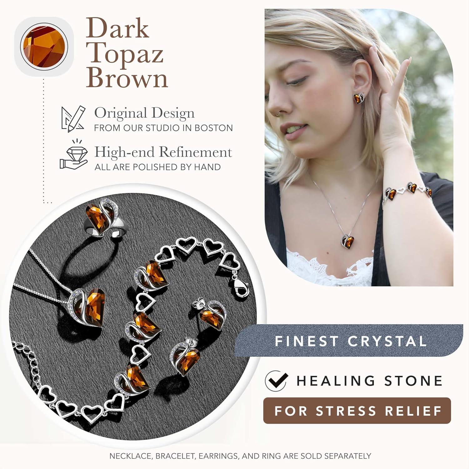 imageLeafael Infinity Love Heart Necklace Stud Earrings and Bracelet for Women Healing Stone for Stress Relief Crystal Jewelry Silver Tone Gifts for Women Dark Topaz Brown