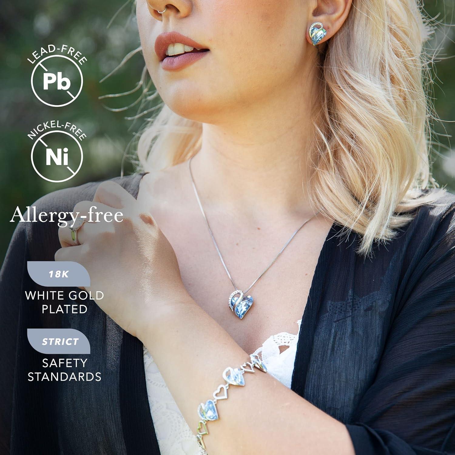 imageLeafael Infinity Love Heart Necklace Stud Earrings and Bracelet for Women March Birthstone Crystal Jewelry Silver Tone Gifts for Women Light Sapphire Blue