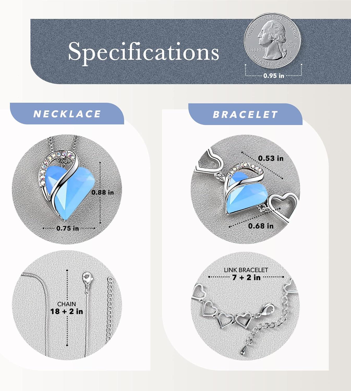 imageLeafael Infinity Love Heart Necklace and Bracelet for Women Healing Stone for Communication Crystal Jewelry Silver Tone Bundle Gifts for Women Owyhee Opal Blue