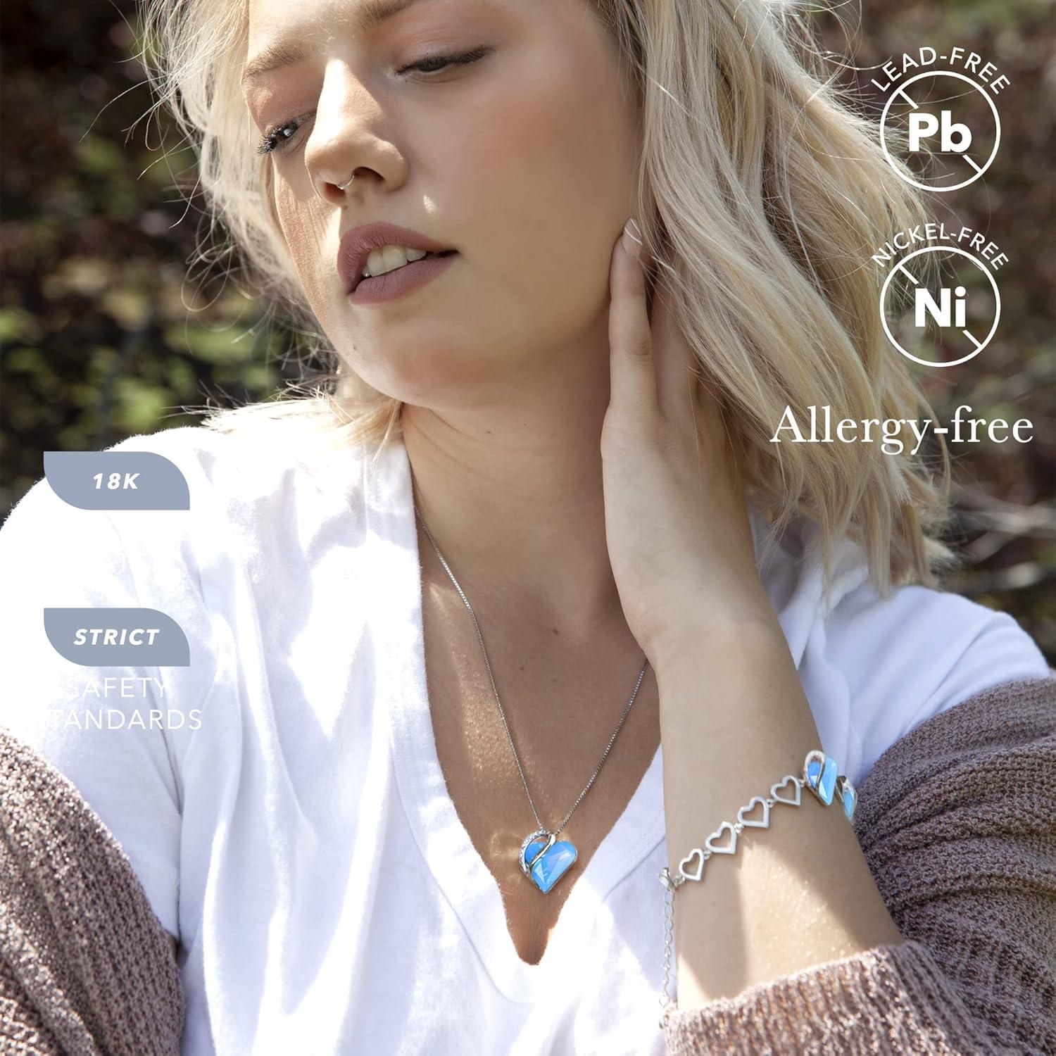 imageLeafael Infinity Love Heart Necklace and Bracelet for Women Healing Stone for Communication Crystal Jewelry Silver Tone Bundle Gifts for Women Owyhee Opal Blue