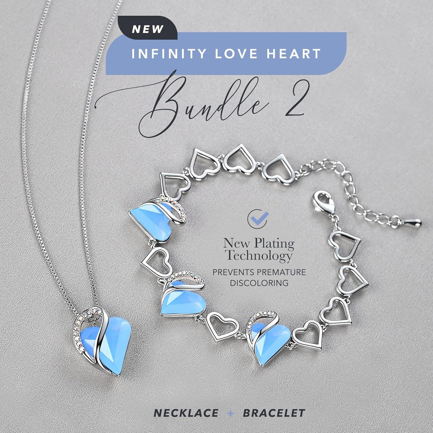 imageLeafael Infinity Love Heart Necklace and Bracelet for Women Healing Stone for Communication Crystal Jewelry Silver Tone Bundle Gifts for Women Owyhee Opal Blue