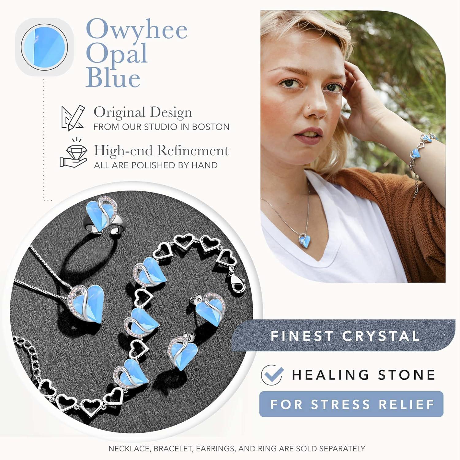 imageLeafael Infinity Love Heart Necklace and Bracelet for Women Healing Stone for Communication Crystal Jewelry Silver Tone Bundle Gifts for Women Owyhee Opal Blue