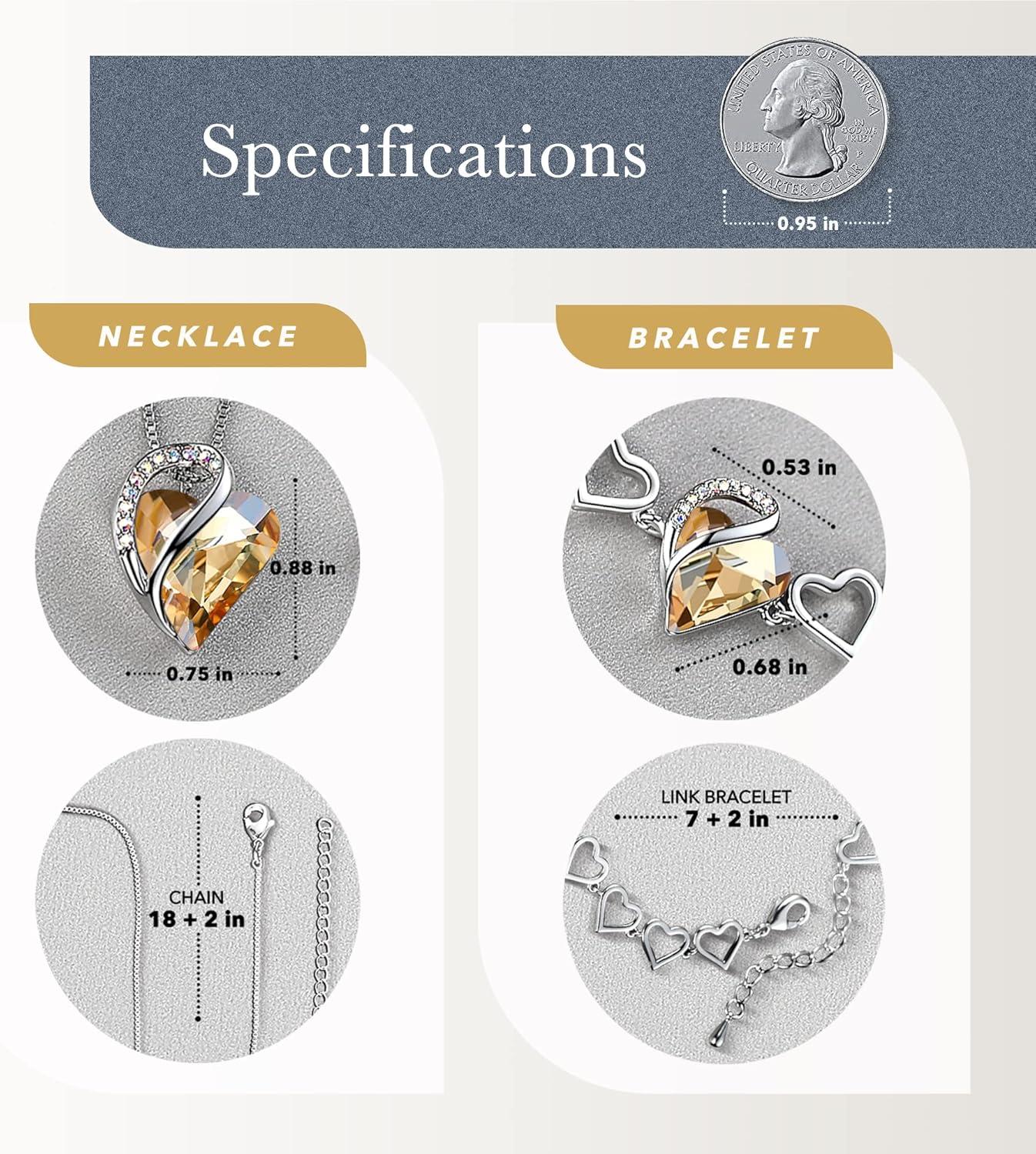 imageLeafael Infinity Love Heart Necklace and Bracelet for Women Healing Stone for Power Crystal Jewelry Silver Tone Bundle Gifts for Women Golden Yellow Shade