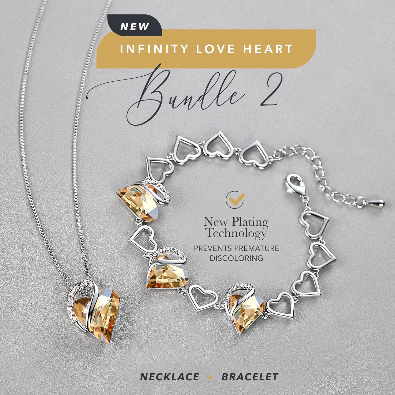 imageLeafael Infinity Love Heart Necklace and Bracelet for Women Healing Stone for Power Crystal Jewelry Silver Tone Bundle Gifts for Women Golden Yellow Shade