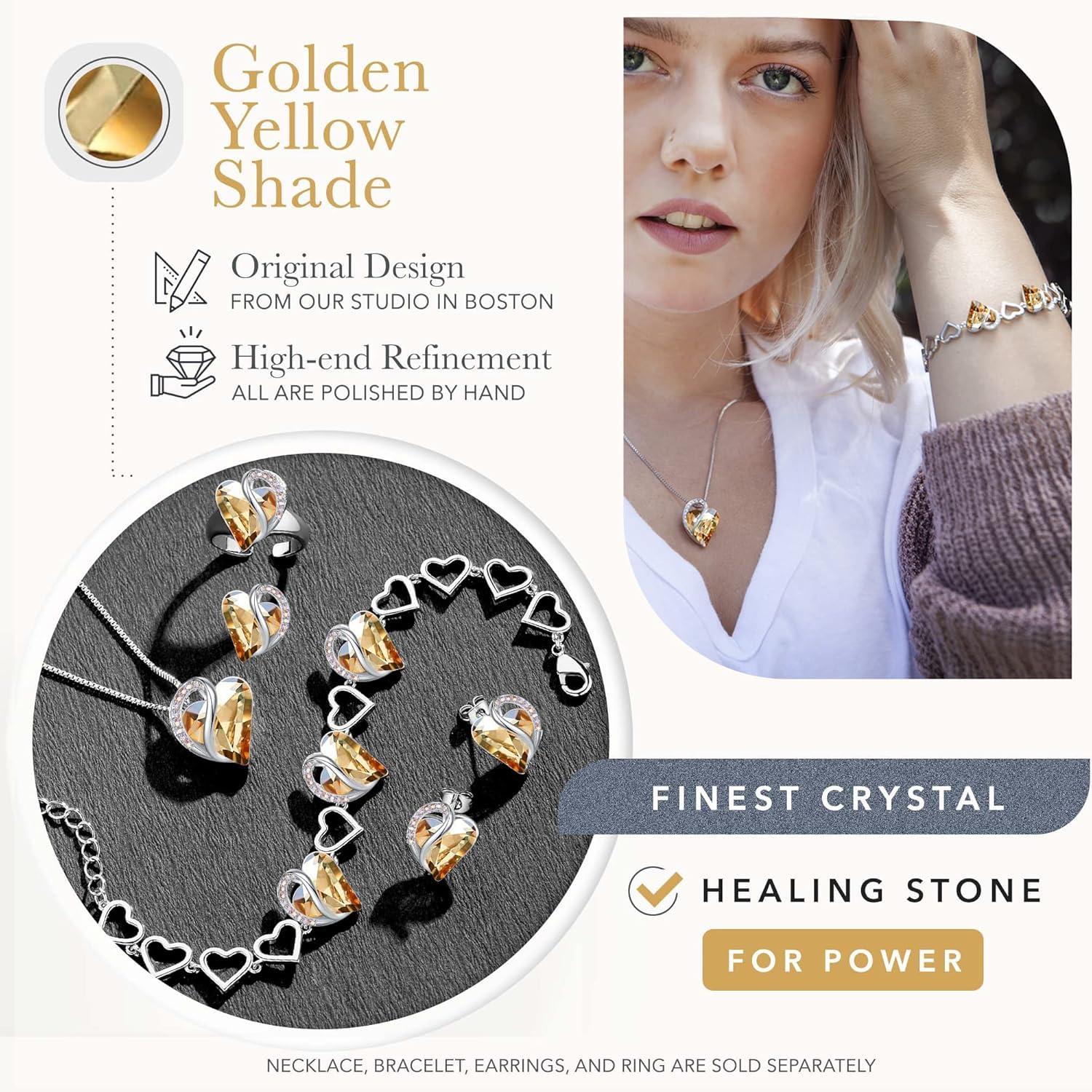 imageLeafael Infinity Love Heart Necklace and Bracelet for Women Healing Stone for Power Crystal Jewelry Silver Tone Bundle Gifts for Women Golden Yellow Shade