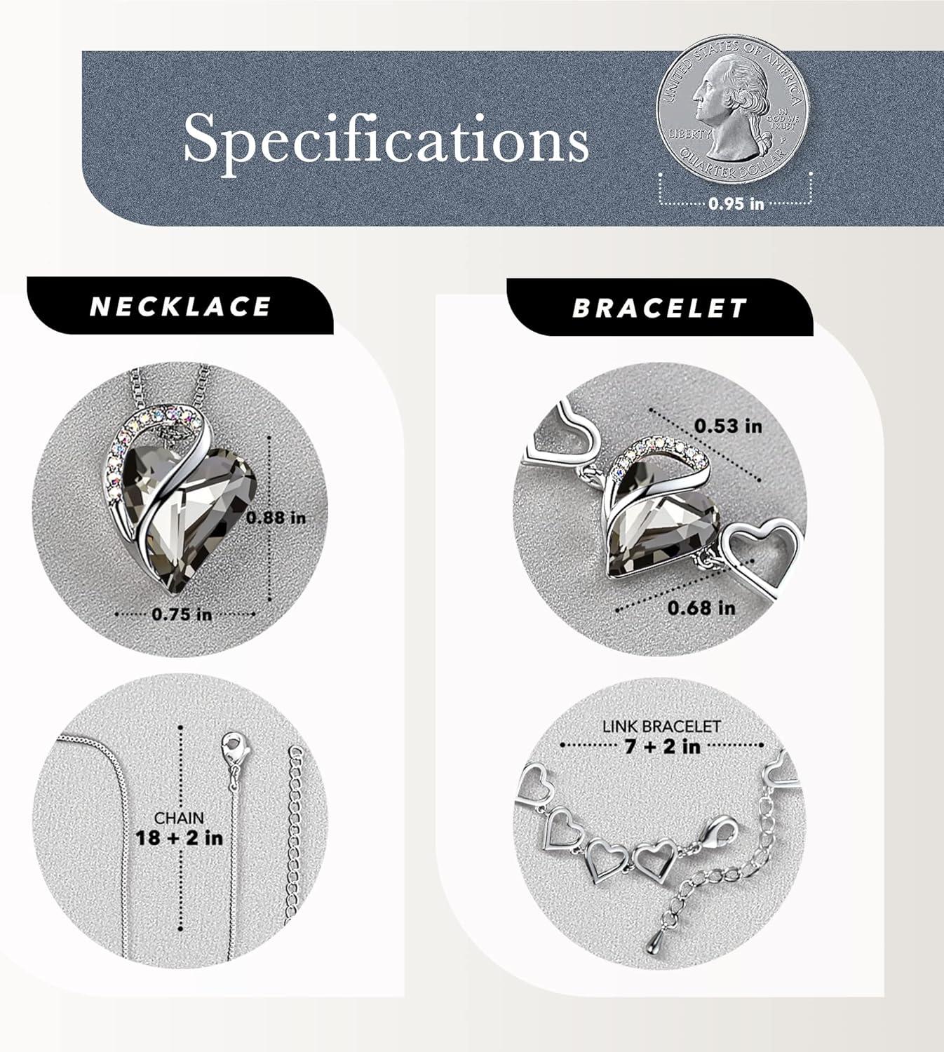 imageLeafael Infinity Love Heart Necklace and Bracelet for Women Healing Stone for Protection Crystal Jewelry Silver Tone Bundle Gifts for Women Crystal Black