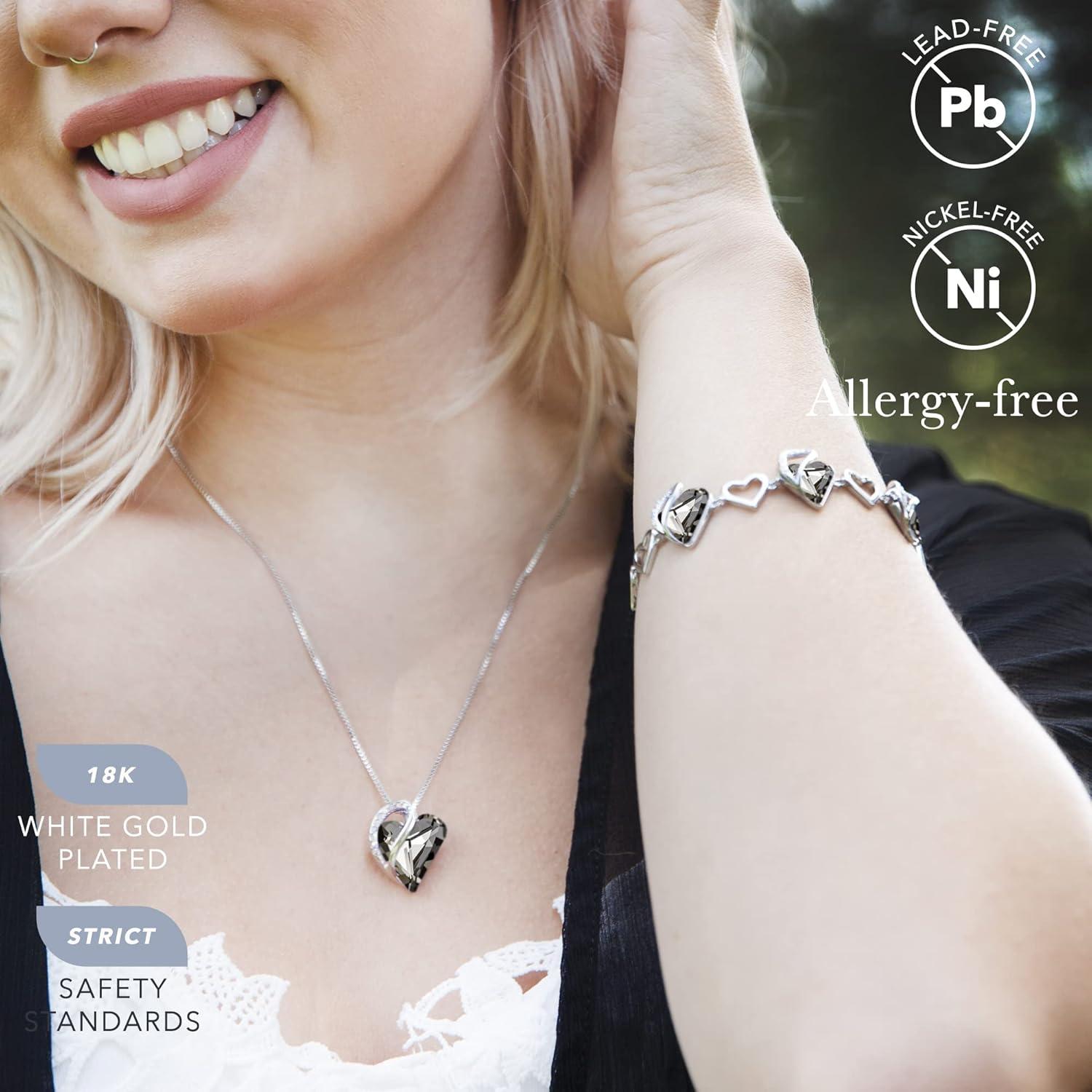 imageLeafael Infinity Love Heart Necklace and Bracelet for Women Healing Stone for Protection Crystal Jewelry Silver Tone Bundle Gifts for Women Crystal Black